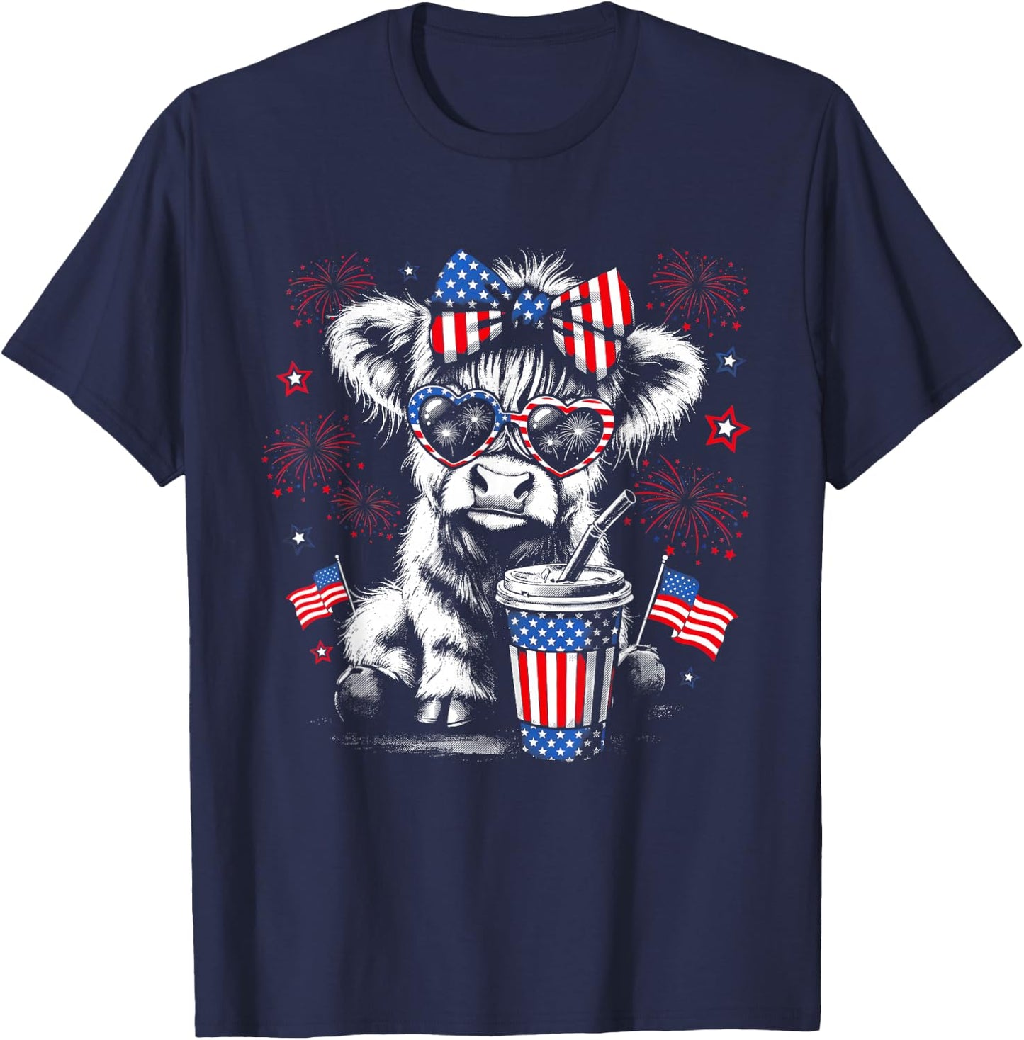 Patriotic Bow Sunglasses Highland Cow Fireworks USA Flag T-Shirt - T-Shirt | Navy