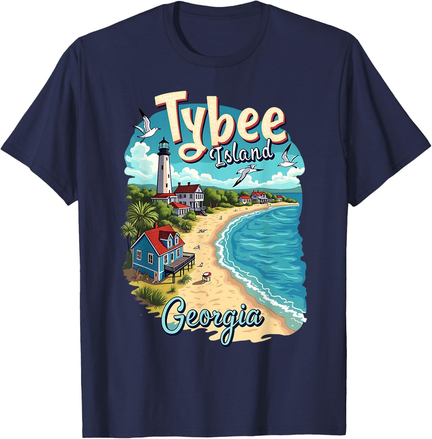 Vacation Beach Scene Tybee Island Georgia T-Shirt - T-Shirt | Navy