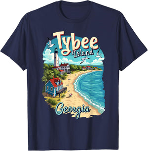 Vacation Beach Scene Tybee Island Georgia T-Shirt - T-Shirt | Navy