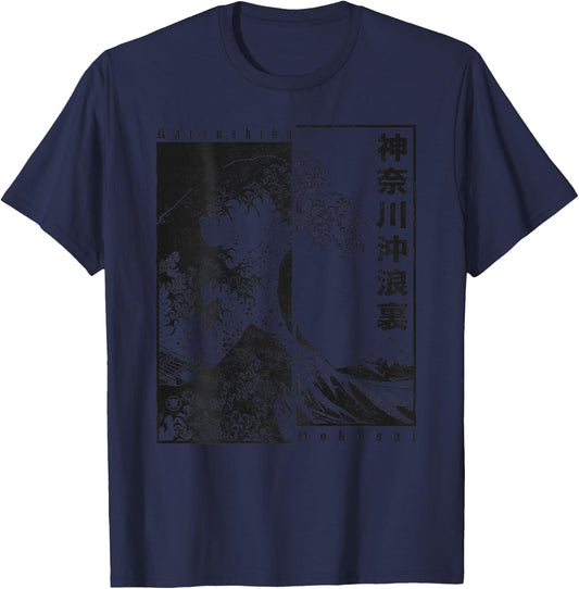 Men's Japan Style Katsushika Hokusai The Great Wave Off Kanagawa , White T-Shirt - T-Shirt | Navy