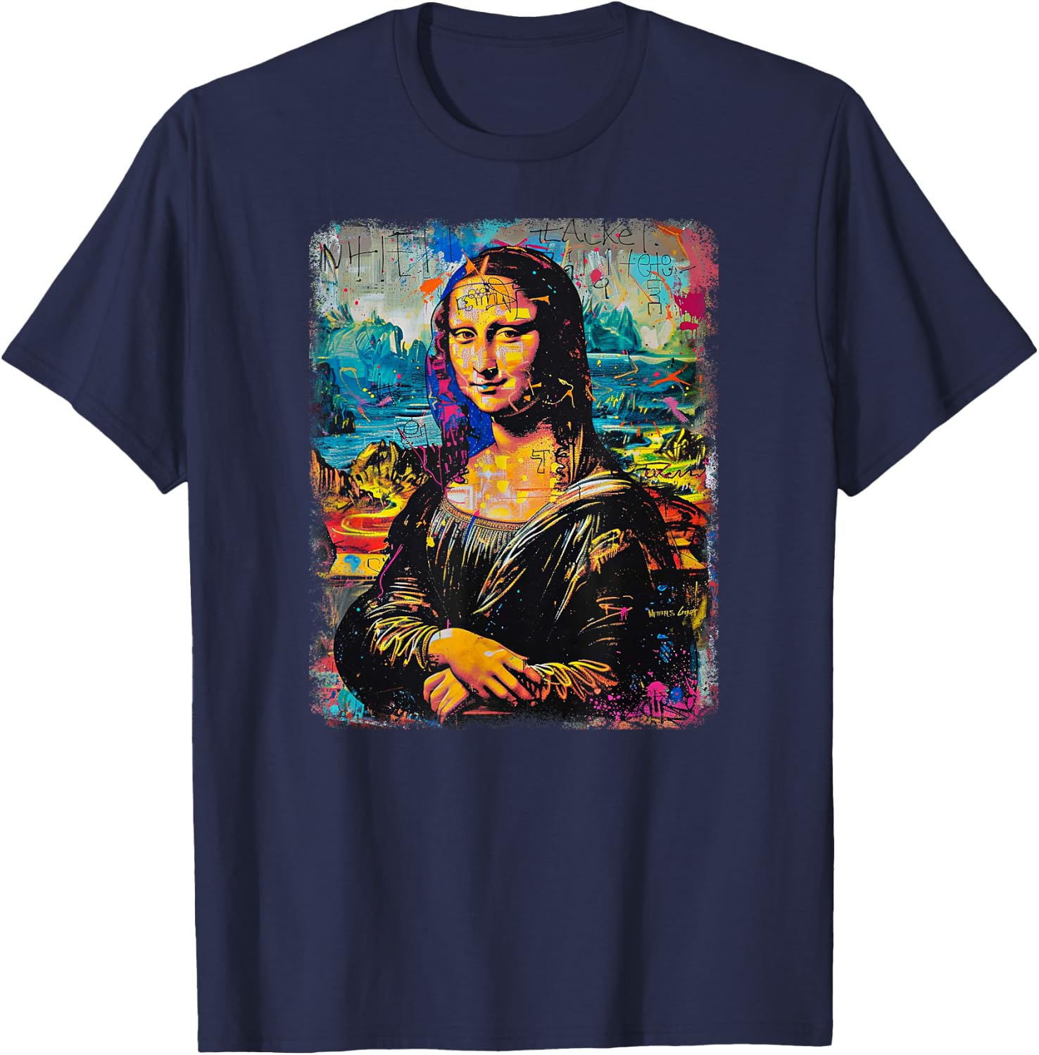 Abstract Graffiti Art Leonardo Da Vinci Art Mona Lisa T-Shirt - T-Shirt | Navy