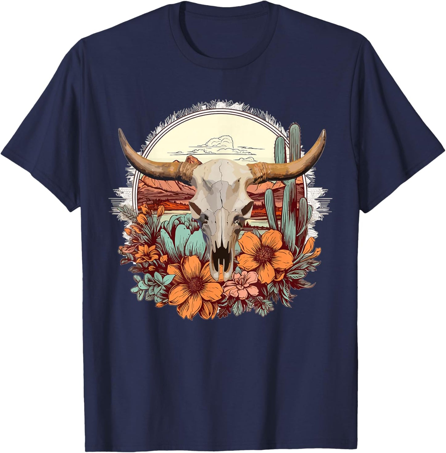 Cow Skull Vintage Boho Cowgirl Cactus Flowers Western Rodeo T-Shirt - T-Shirt | Navy