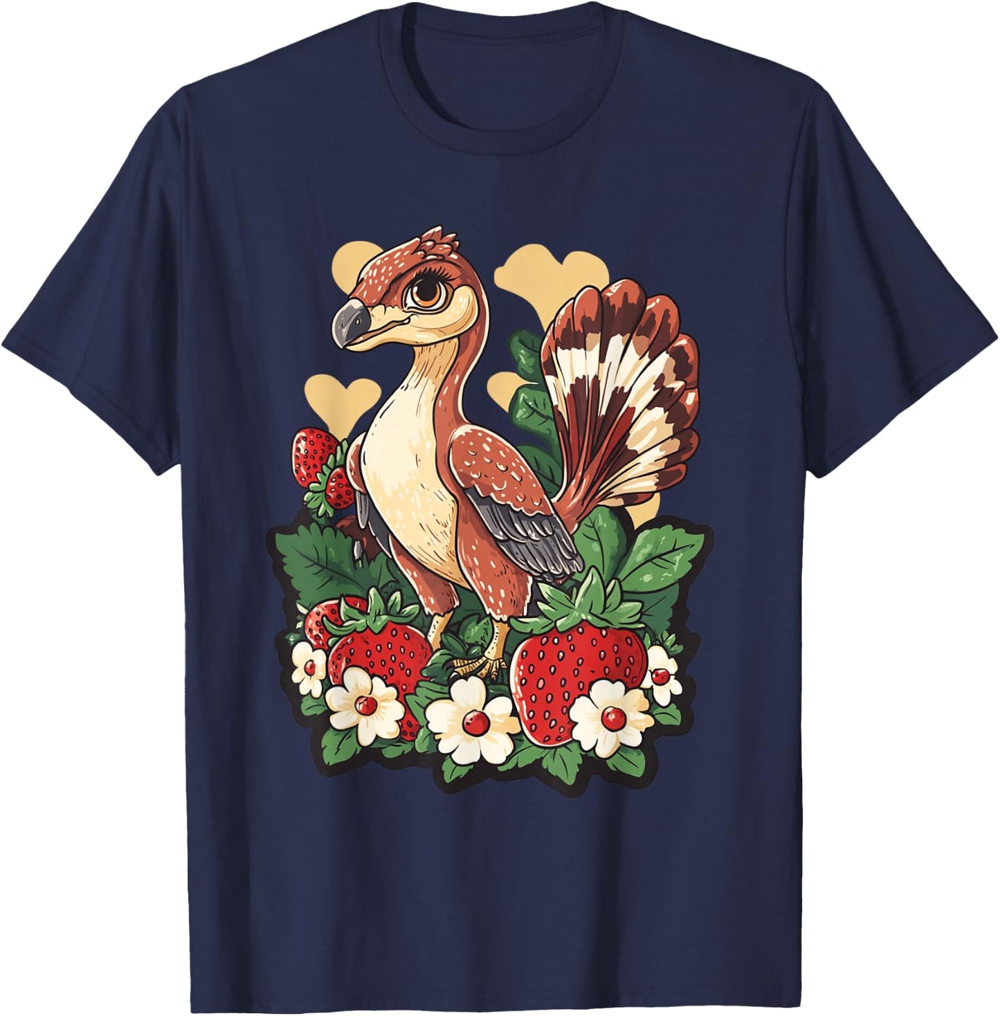 Anchiornis Dinosaur with Strawberries Dino Lover T-Shirt - T-Shirt | Navy