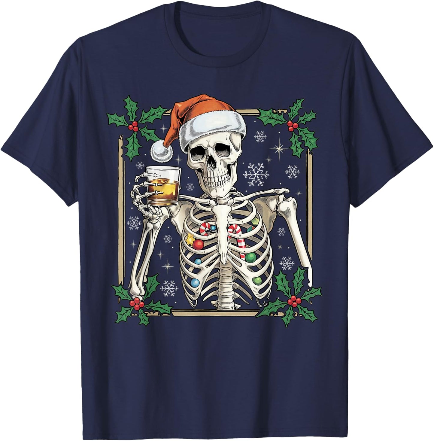 Funny Skeleton Santa Hat Drinking Bourbon Whiskey Christmas T-Shirt - T-Shirt | Navy