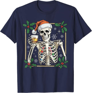 Funny Skeleton Santa Hat Drinking Bourbon Whiskey Christmas T-Shirt - T-Shirt | Navy
