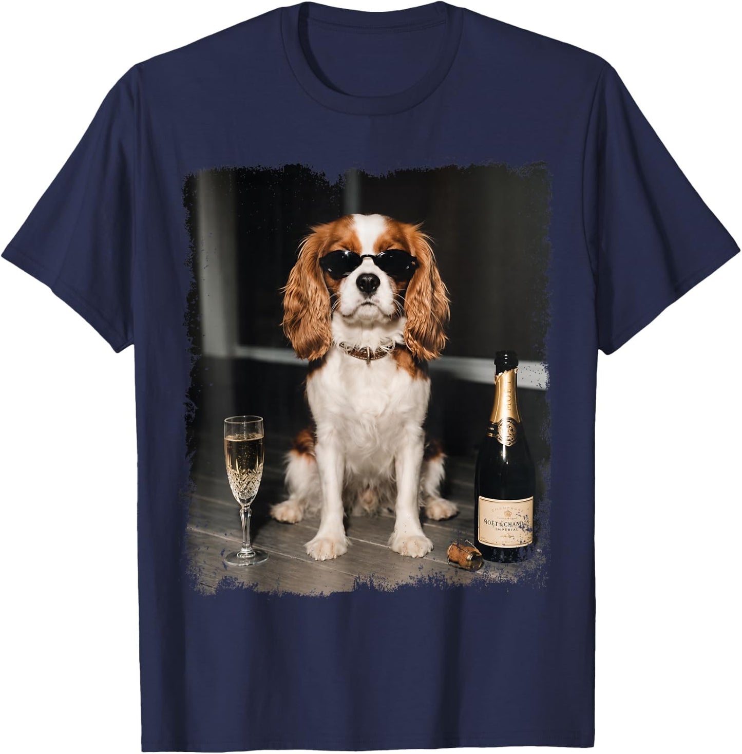 Funny Dog Meme Cavalier King Charles Drinking Champagne T-Shirt - T-Shirt | Navy