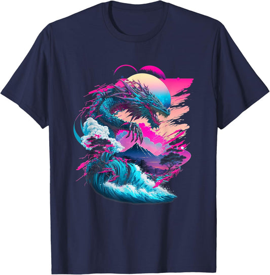 Dragon Vaporwave Abstract Landscape Moon Tree Waterfall T-Shirt - T-Shirt | Navy
