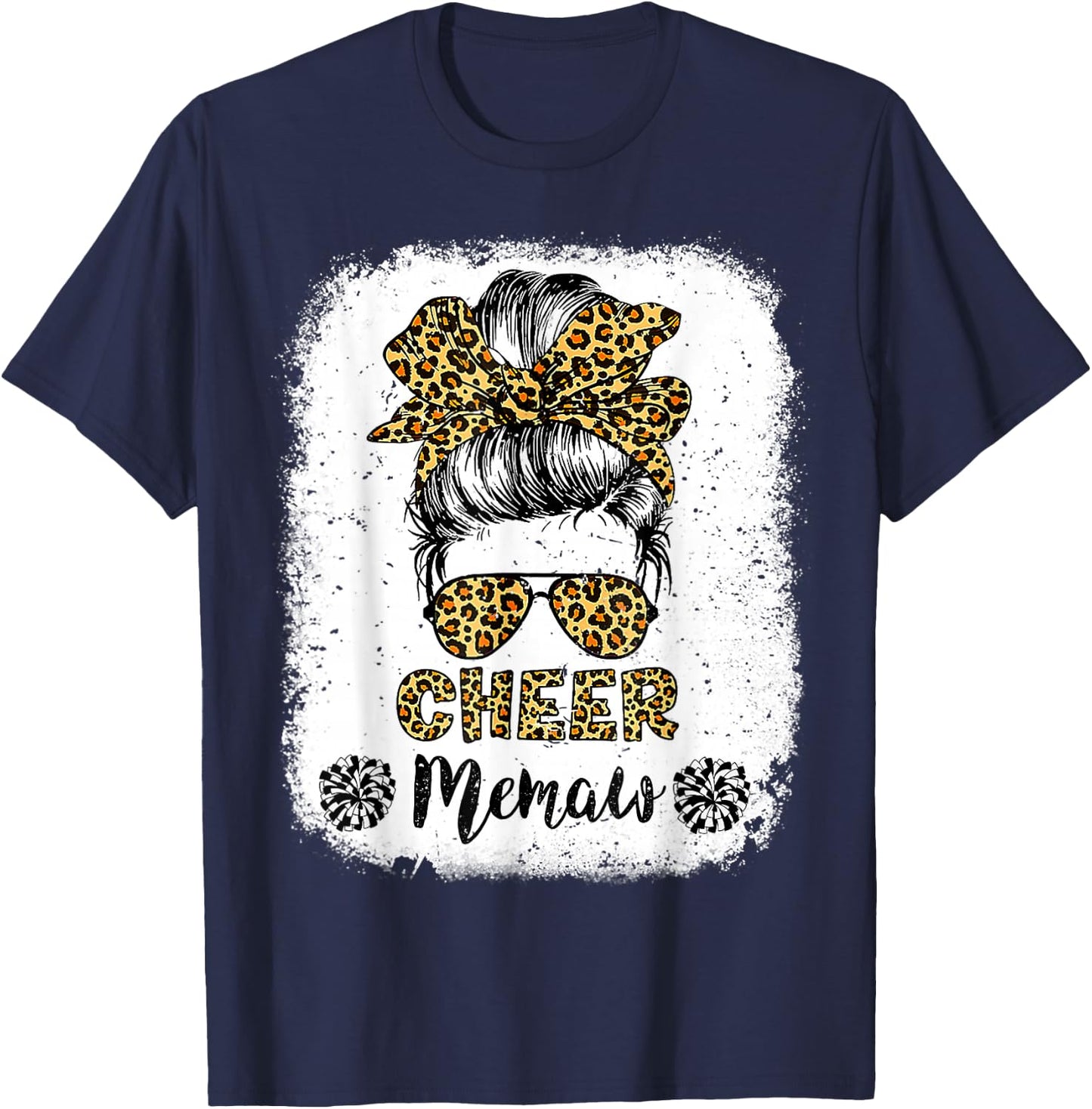 Cheer Memaw Leopard Messy Bun Cheerleader Bleached T-Shirt - T-Shirt | Navy