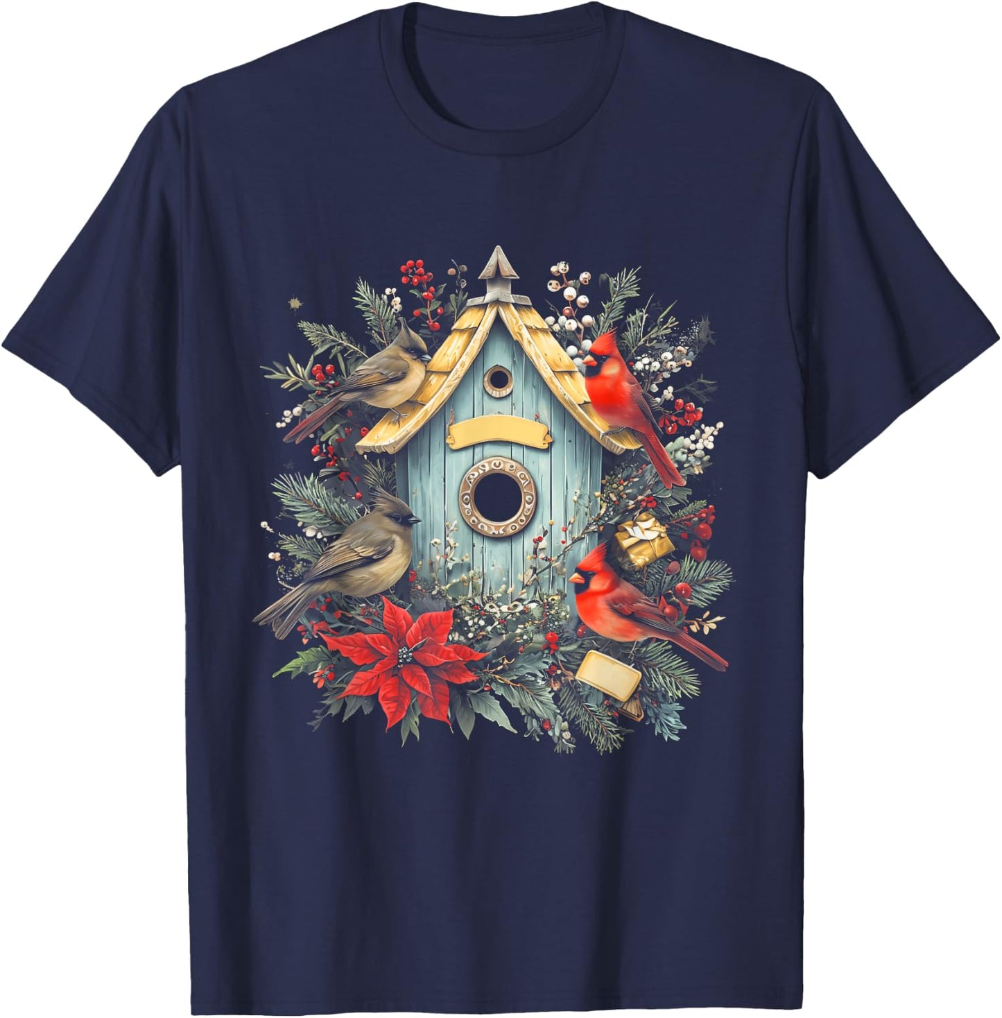Birdhouse Cardinal Winter Birds Lover Christmas Birdwatcher T-Shirt - T-Shirt | Navy