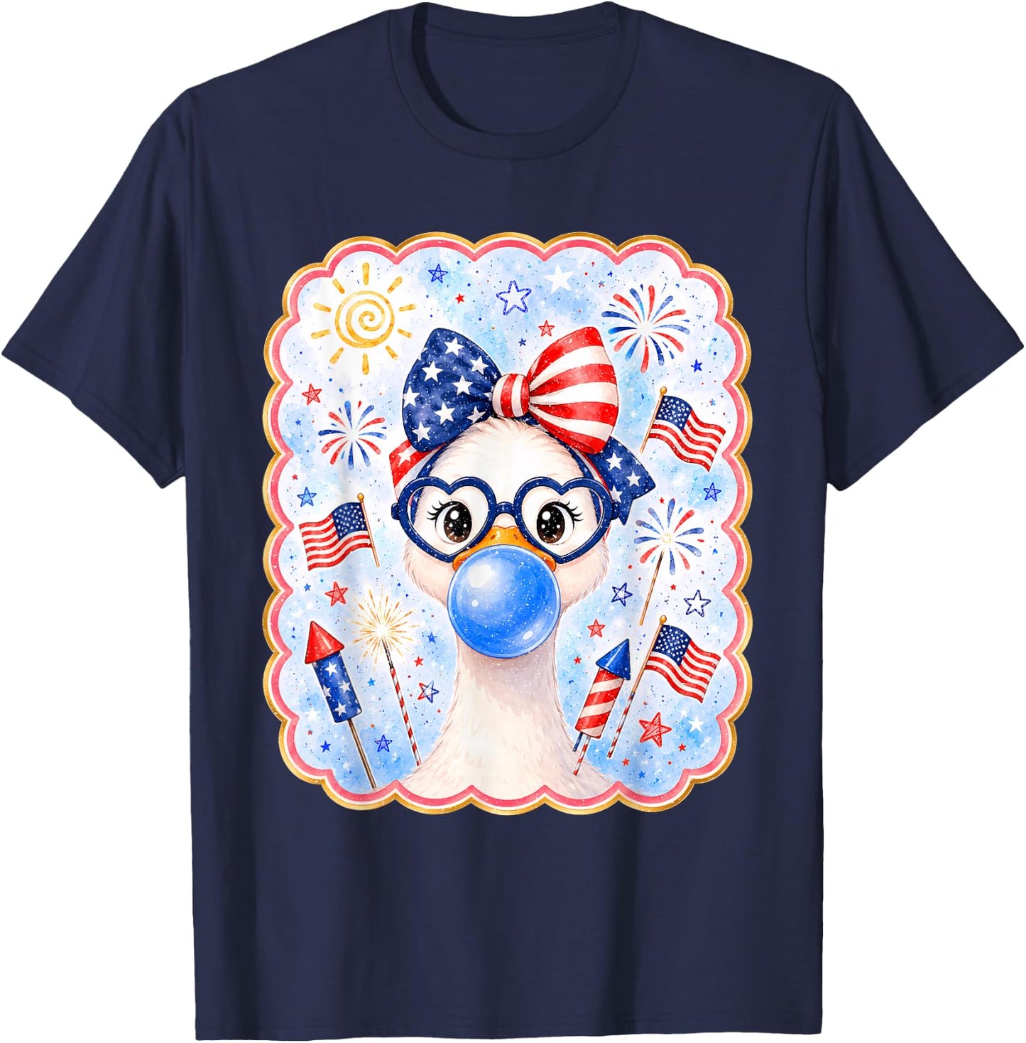 Cute Goose Bubble Gum Bow USA America Flag 4th of July Girl T-Shirt - T-Shirt | Navy