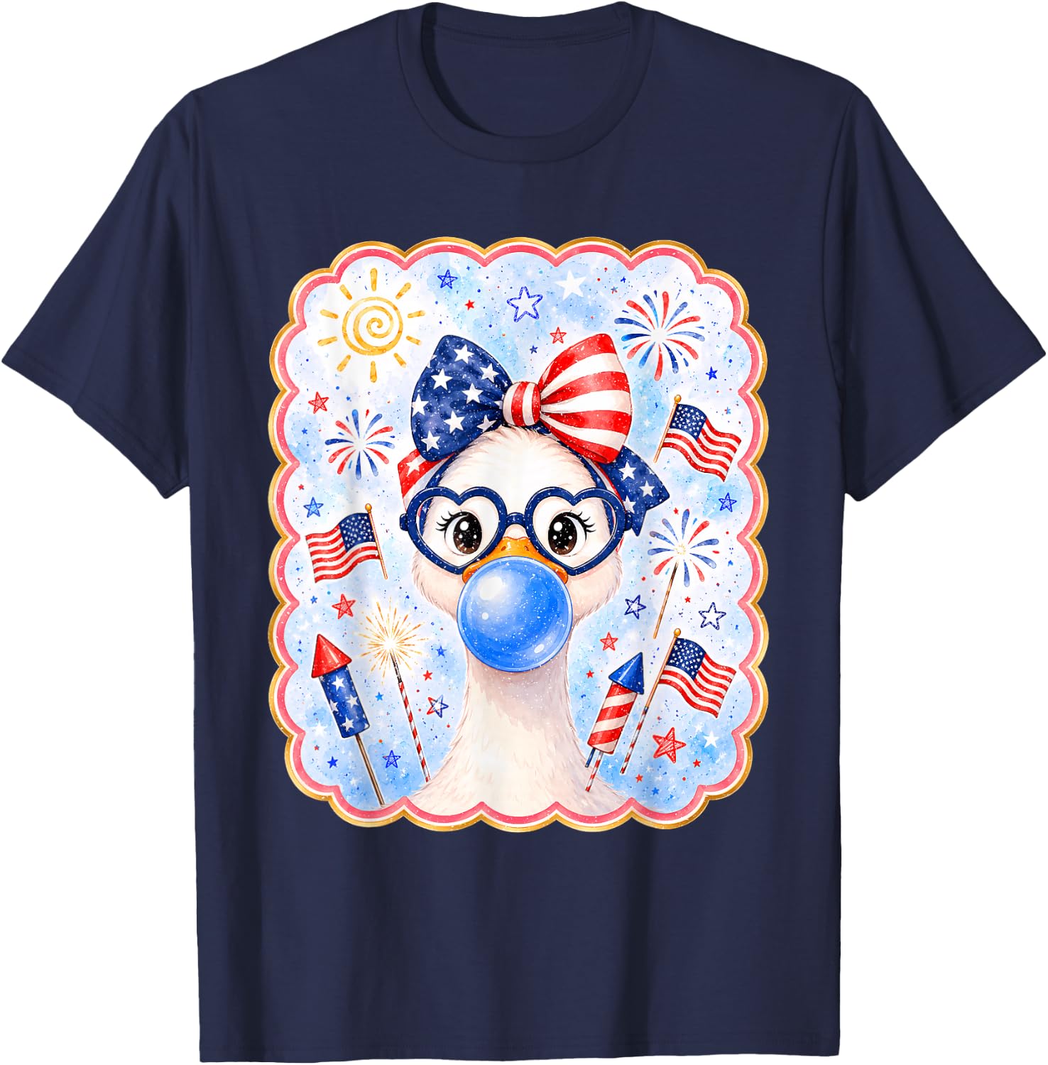 Cute Goose Bubble Gum Bow USA America Flag 4th of July Girl T-Shirt - T-Shirt | Navy