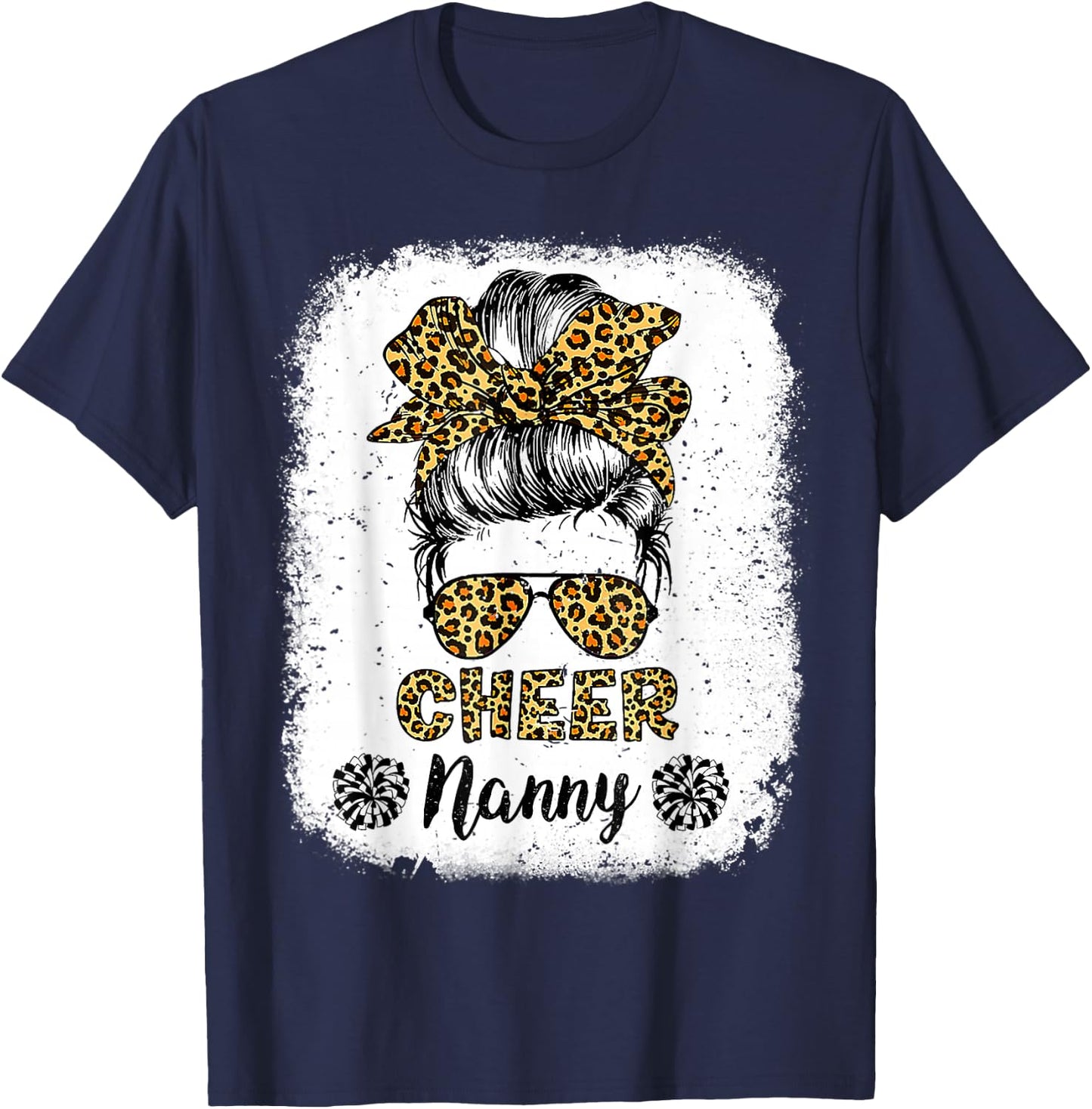 Cheer Nanny Leopard Messy Bun Cheerleader Bleached T-Shirt - T-Shirt | Navy