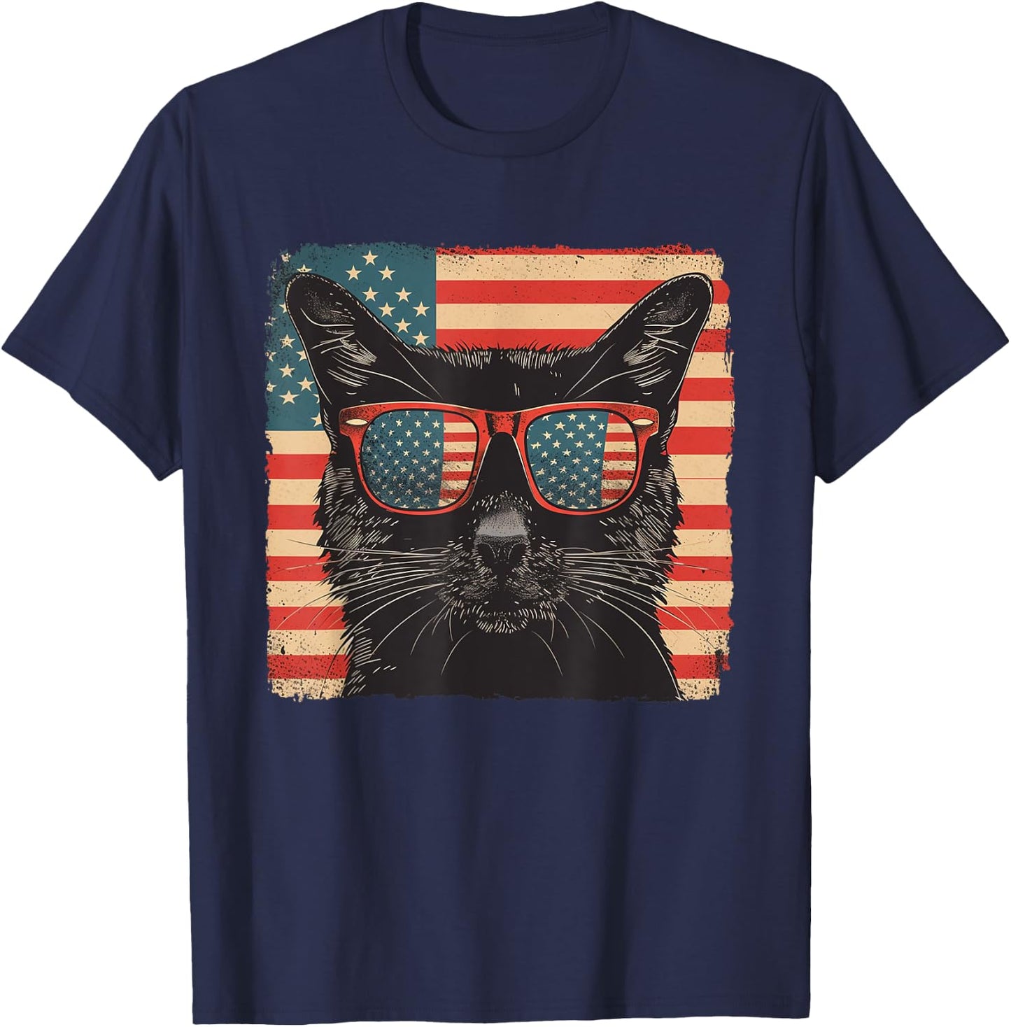 Black cat America Flag Fourth of July Lovers T-Shirt - T-Shirt | Navy