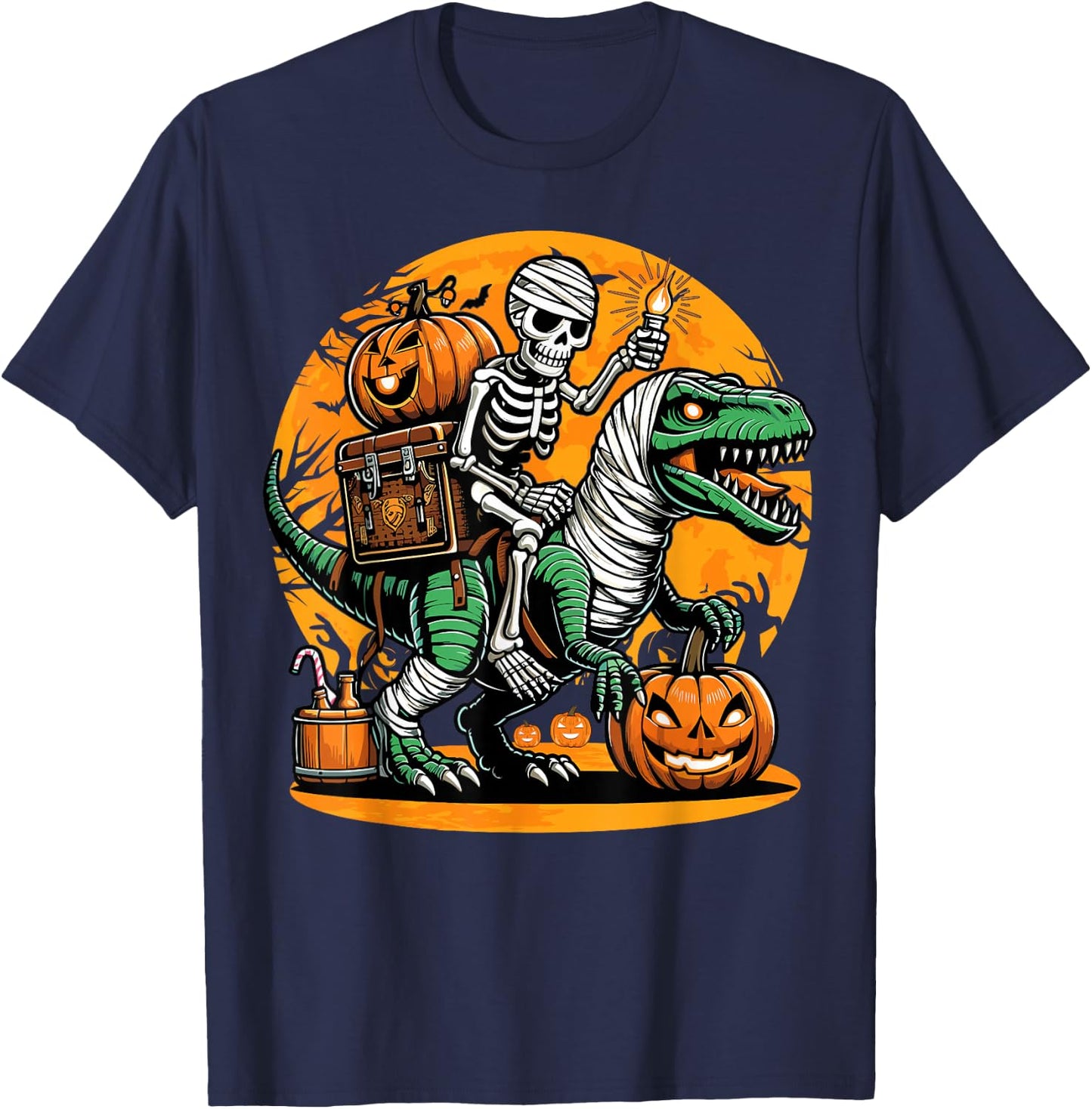 Skeleton Riding Mummy Dinosaur Pumpkin Spooky Trex Halloween T-Shirt - T-Shirt | Navy