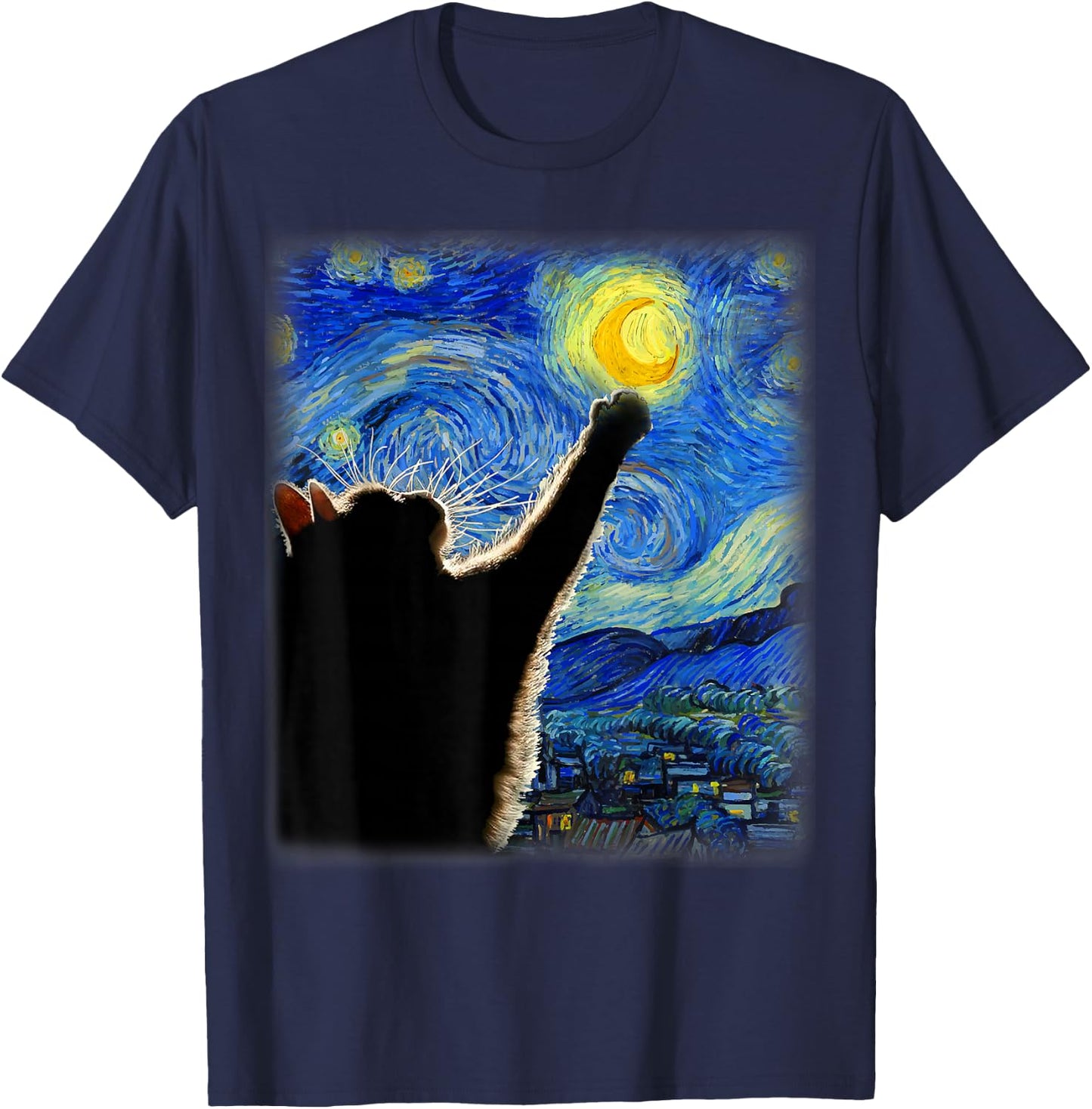 Starry Night Cat, Van Gogh Cat, Cat Lover, Cat Mom, Cat Dad , black T-Shirt - T-Shirt | Navy