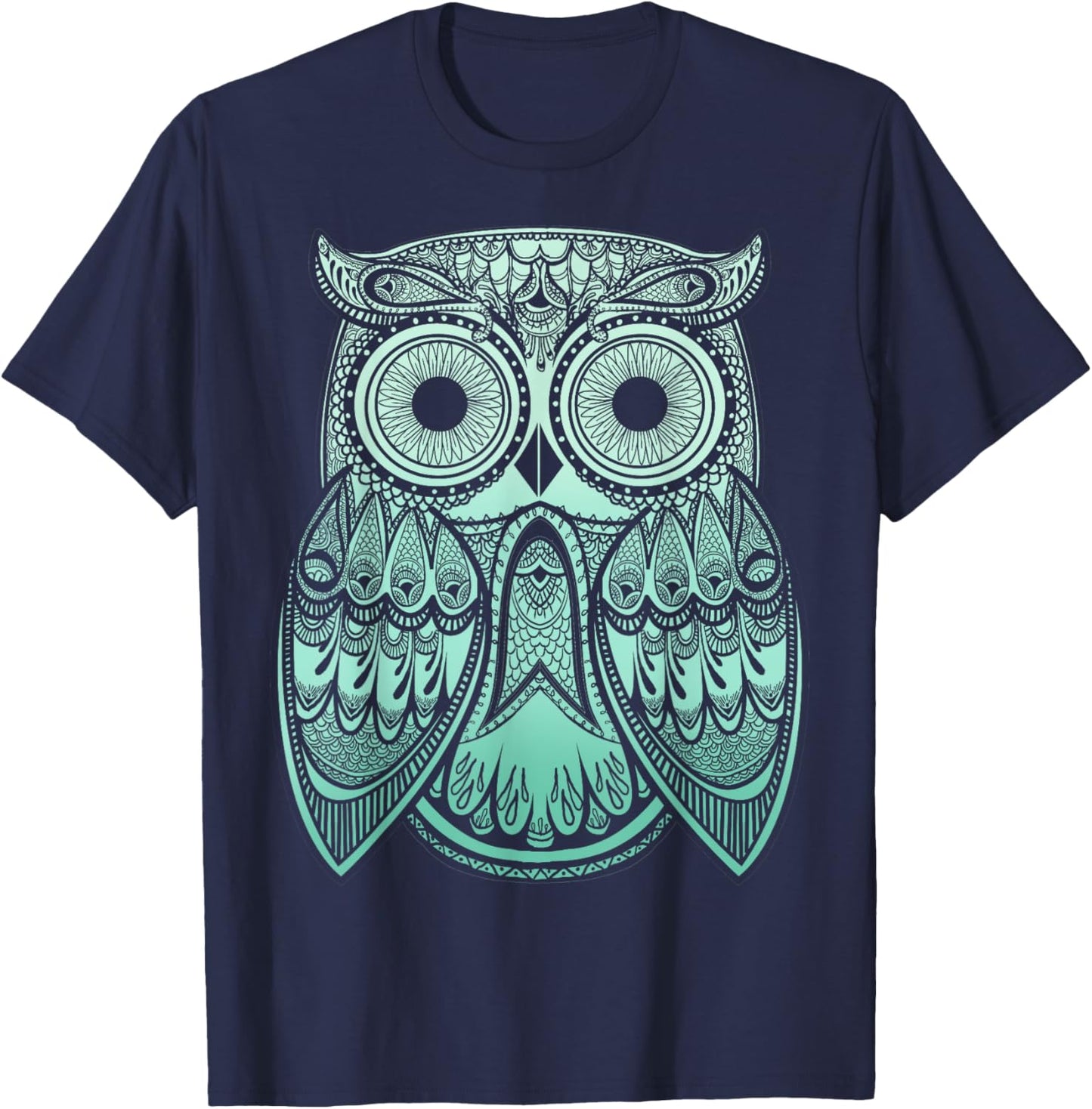 Teal Gradient Paisley Henna Owl Bohemian T-Shirt - T-Shirt | Navy