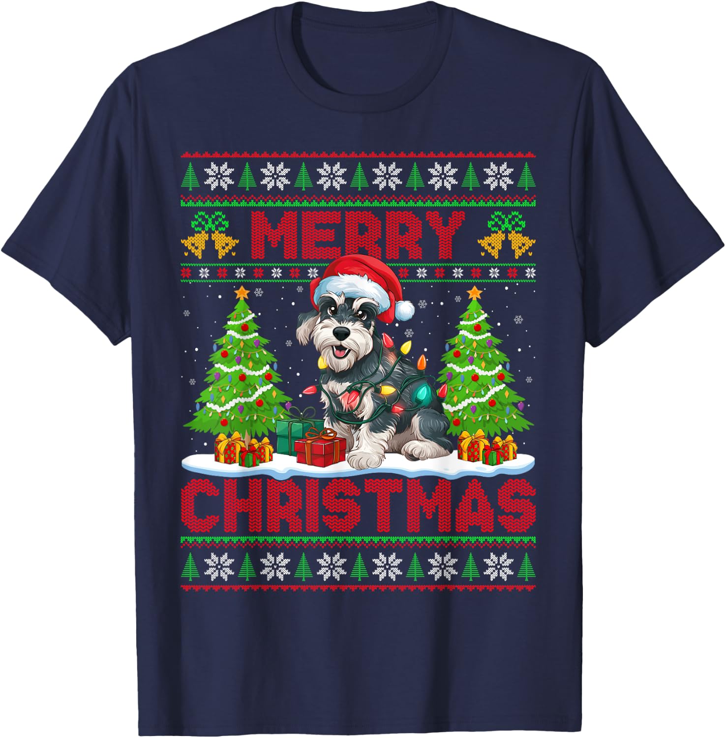 Xmas Tree Ugly Santa Miniature Schnauzer Dog Christmas Women Kids T-Shirt - T-Shirt | Navy