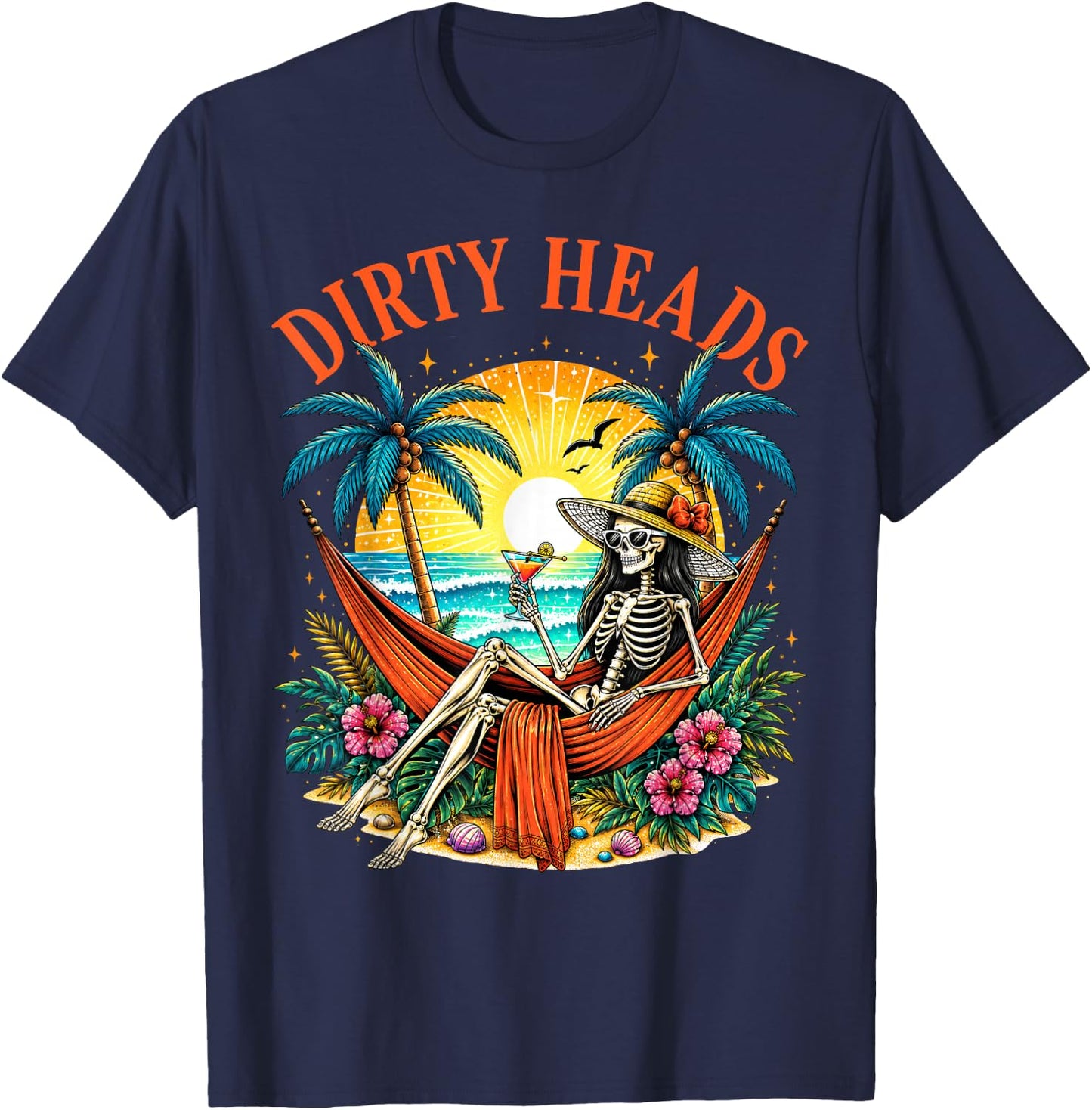 Dirty Heads Skeleton Women Beach Funny Summer Vacation T-Shirt - T-Shirt | Navy