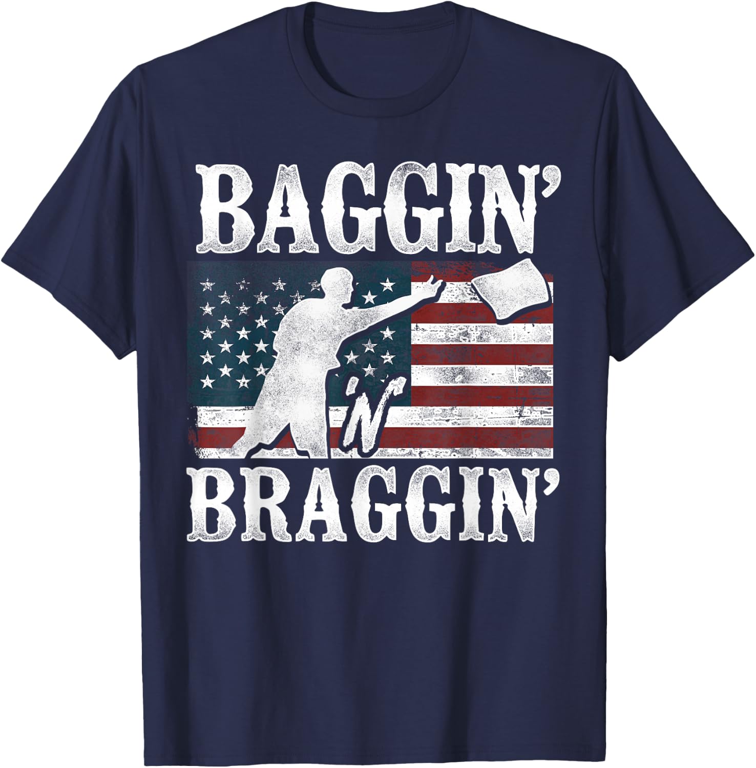 Cornhole Team Bean Bag Player Champ American Flag Baggin' T-Shirt - T-Shirt | Navy