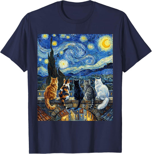 Funny Cat Starry-Night Van Gogh Cats Cat Mom, Cat Dad T-Shirt - T-Shirt | Navy