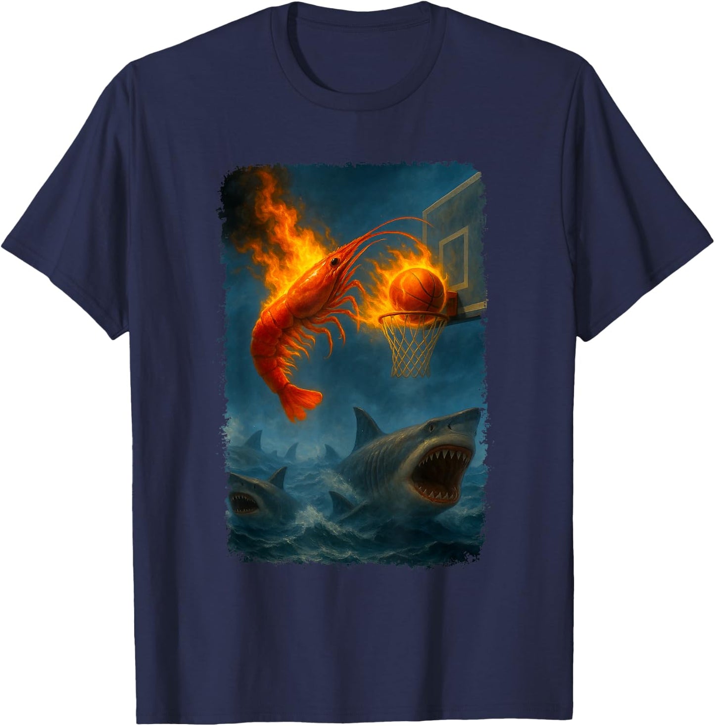 Funny Flaming Shrimp Slam Dunking Over Some Sharks Meme T-Shirt - T-Shirt | Navy