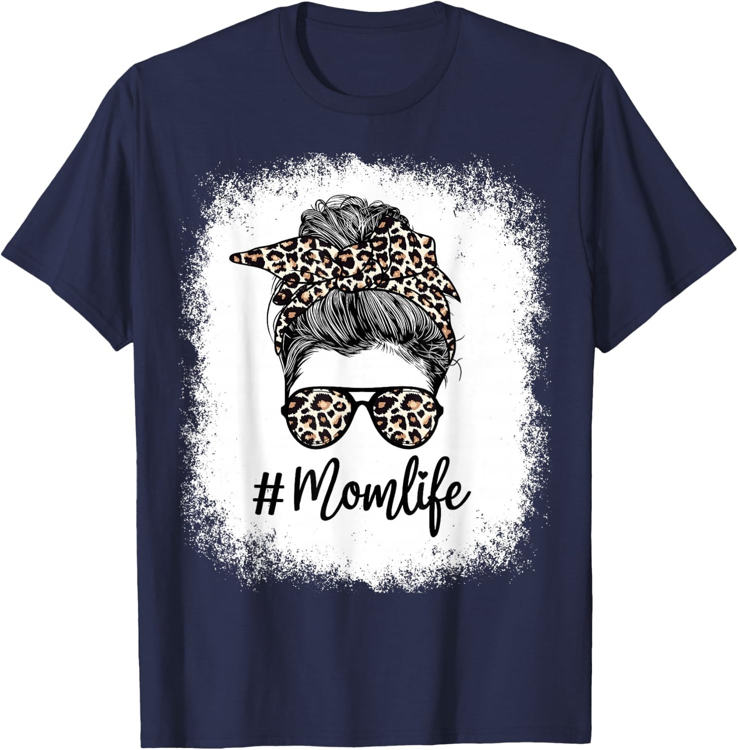 Bleached Mom Life Leopard Messy Bun Hair Bandana Glasses T-Shirt - T-Shirt | Navy