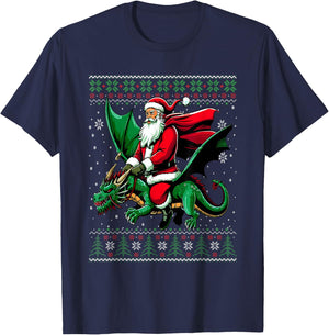 Christmas Santa Riding Dragon Ugly Christmas Sweater T-Shirt - T-Shirt | Navy