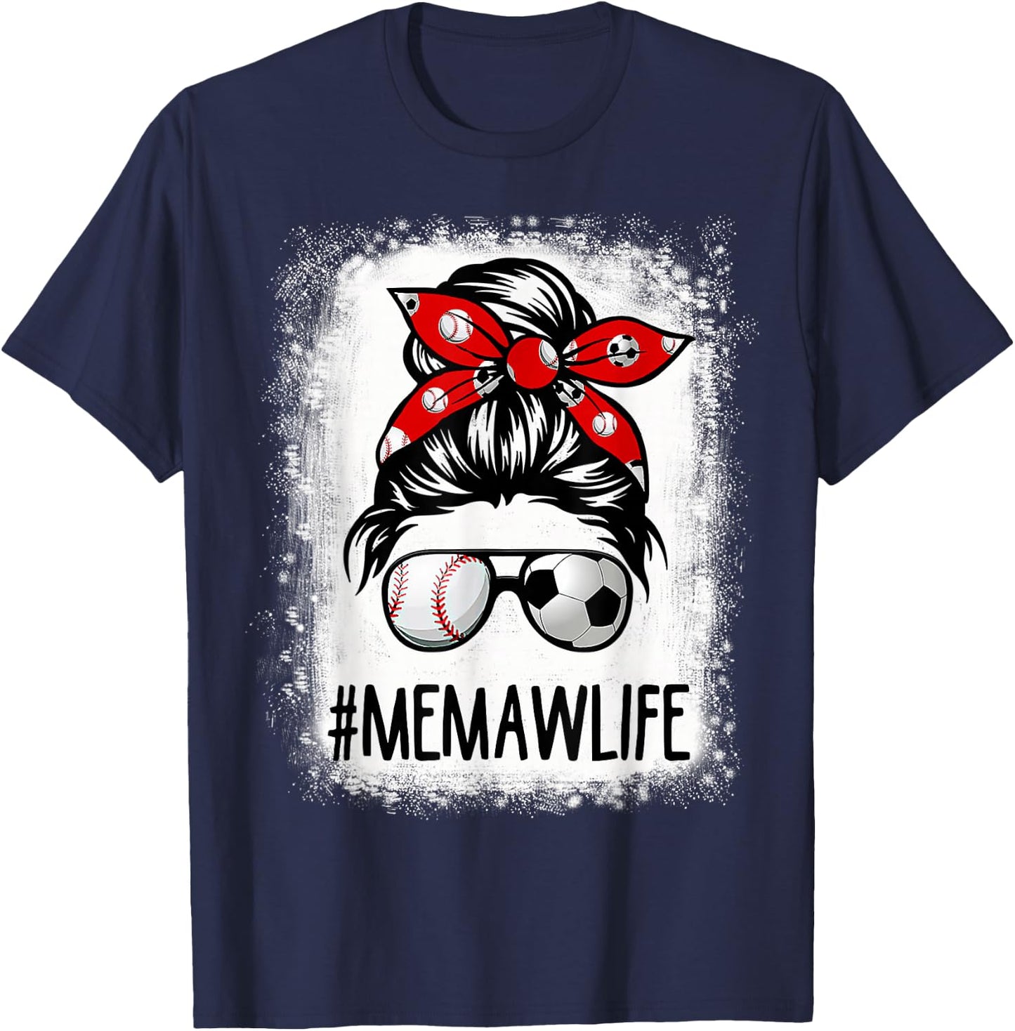 Bleached Memaw Life Soccer Messy Bun Baseball Game Day T-Shirt - T-Shirt | Navy