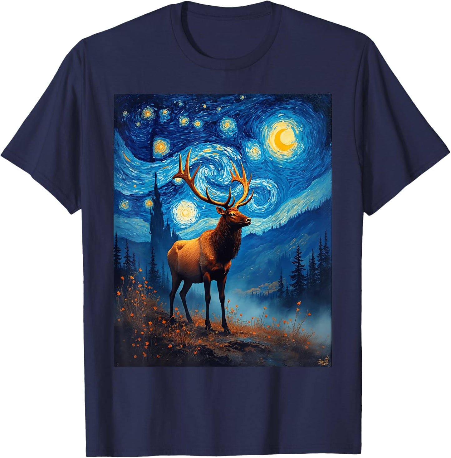 Van Gogh's Starry Night Elk Wapiti Animal Lovers T-Shirt - T-Shirt | Navy