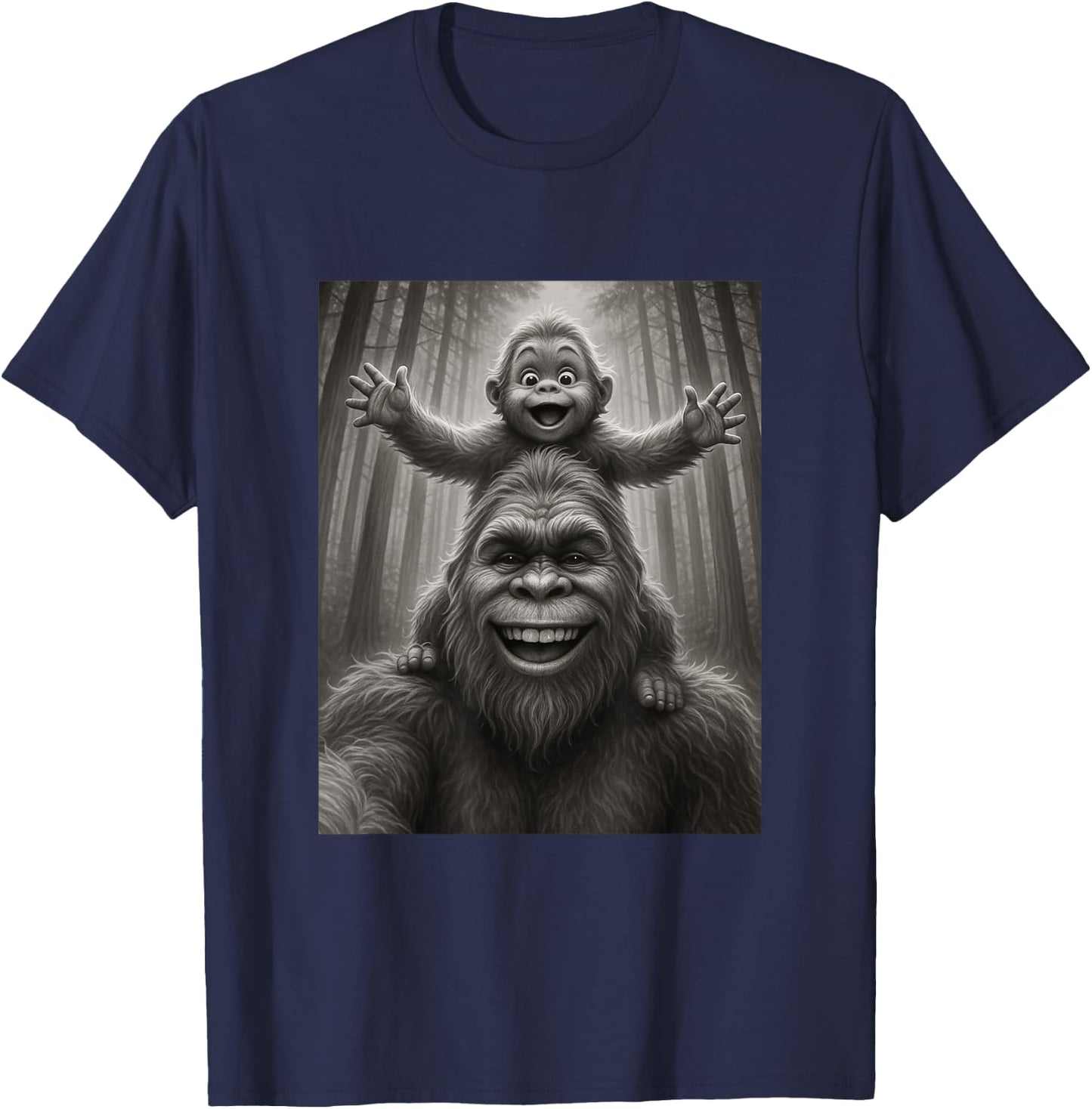Funny Father Bigfoot Sasquatch and His Kid Happy Fathers Day T-Shirt - T-Shirt | Navy