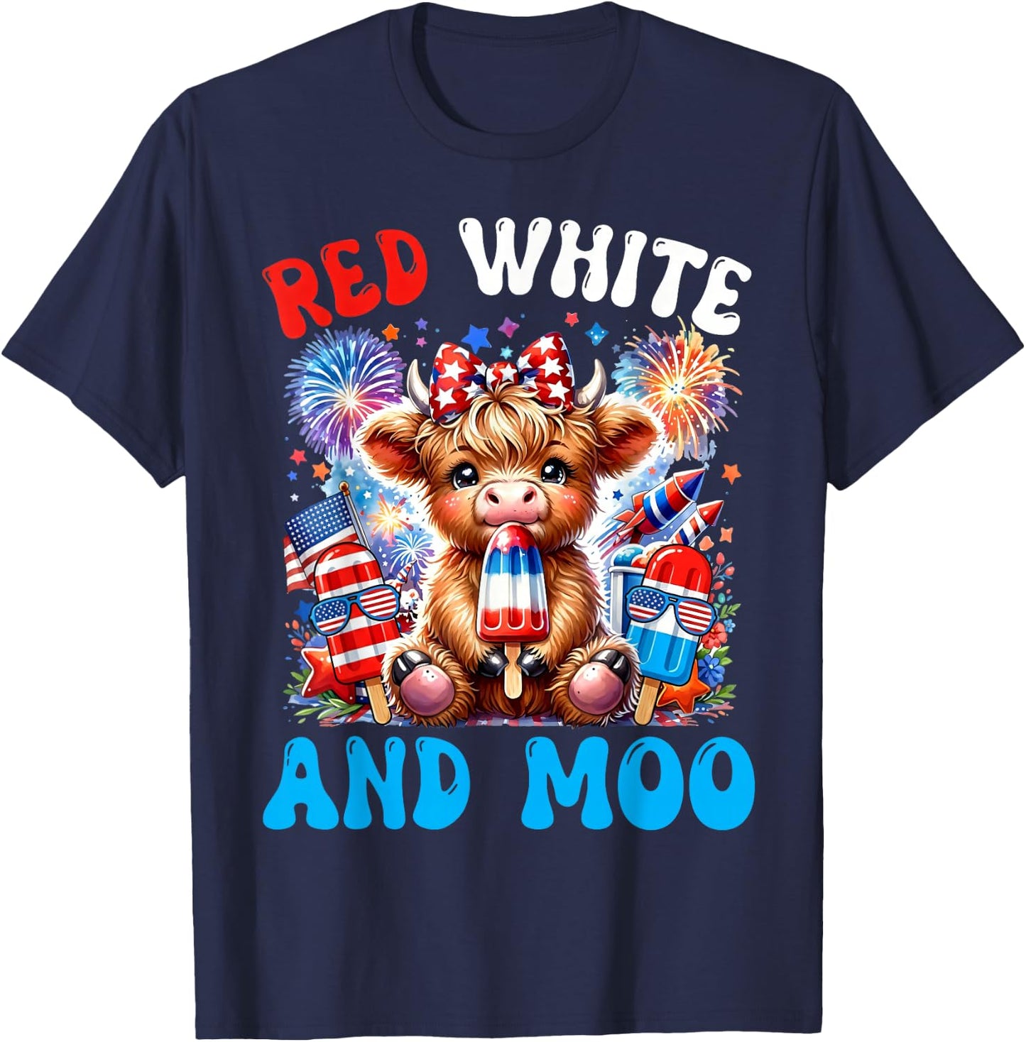 4th of July Highland Cow Popsicle Patriotic Red White & Moo T-Shirt - T-Shirt | Navy