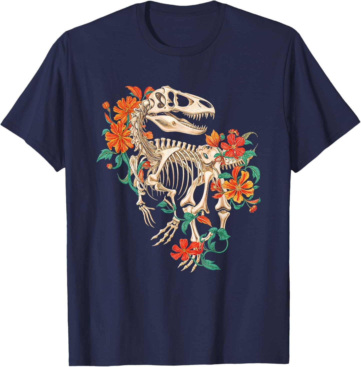 Rex Skeleton Dinosaur Flowers Dino Skeleton Nature T-Shirt - T-Shirt | Navy