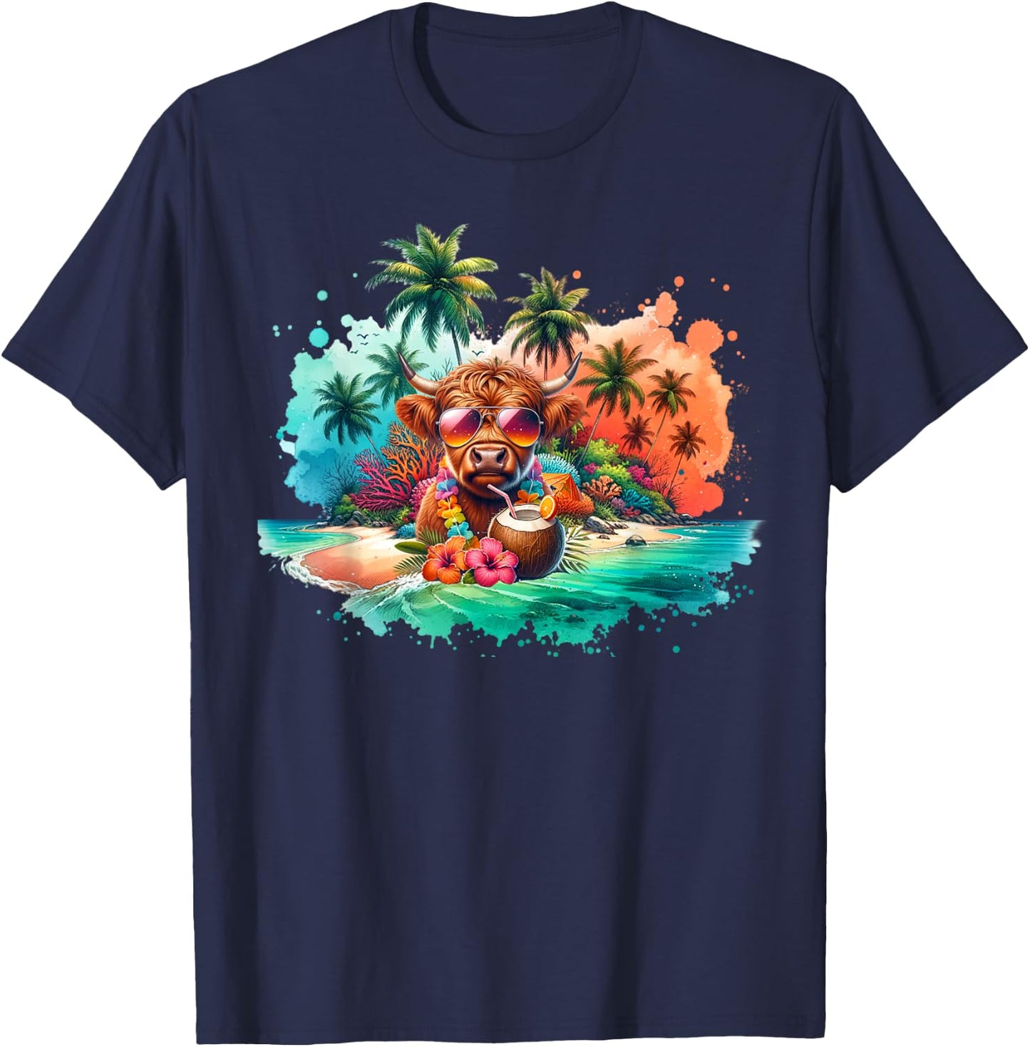 Tropical Highland Cow Summer Vibes Funny Beach T-Shirt - T-Shirt | Navy