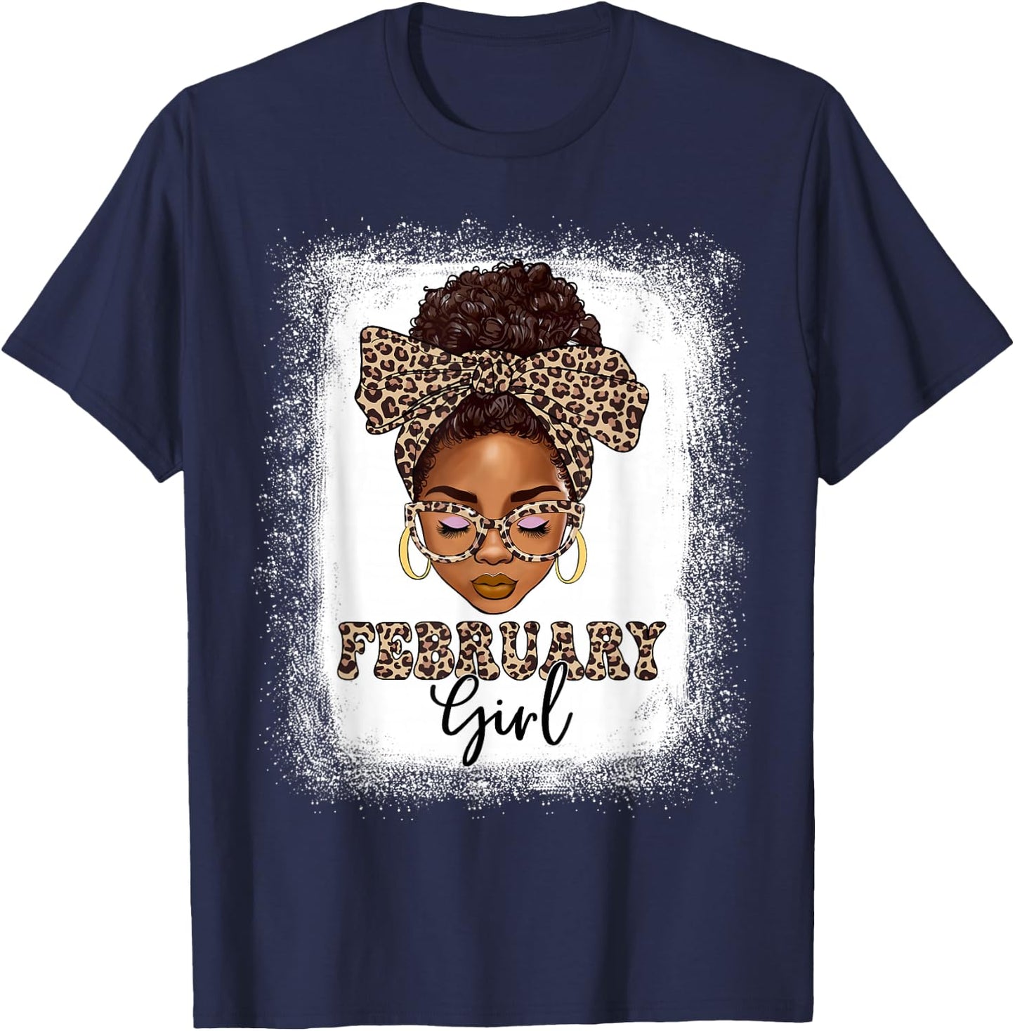 February Girls Afro Messy Bun Bleached Black Women Birthday T-Shirt - T-Shirt | Navy