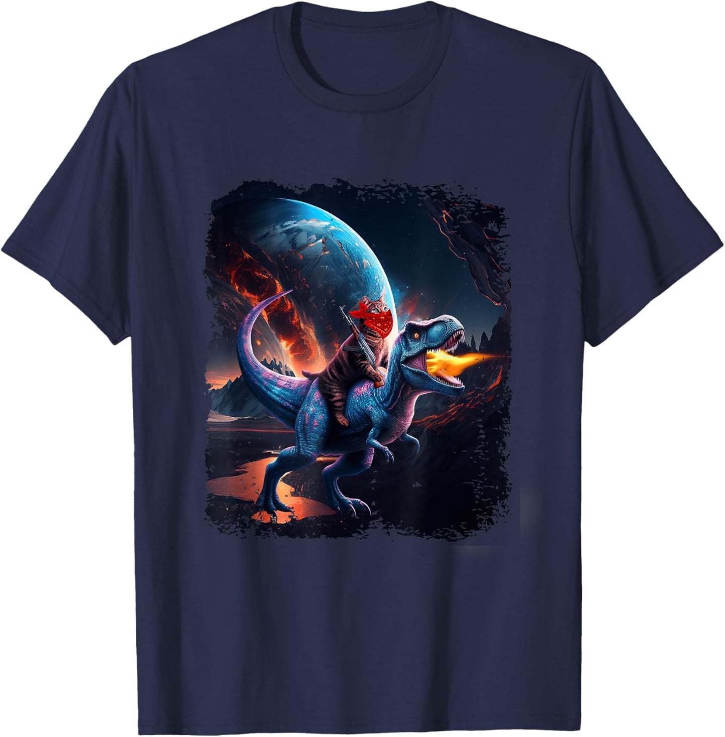 Chat chevauchant un dinosaure T-Rex Image Like Galaxy Cat Sci-Fi T-Shirt - T-Shirt | Navy