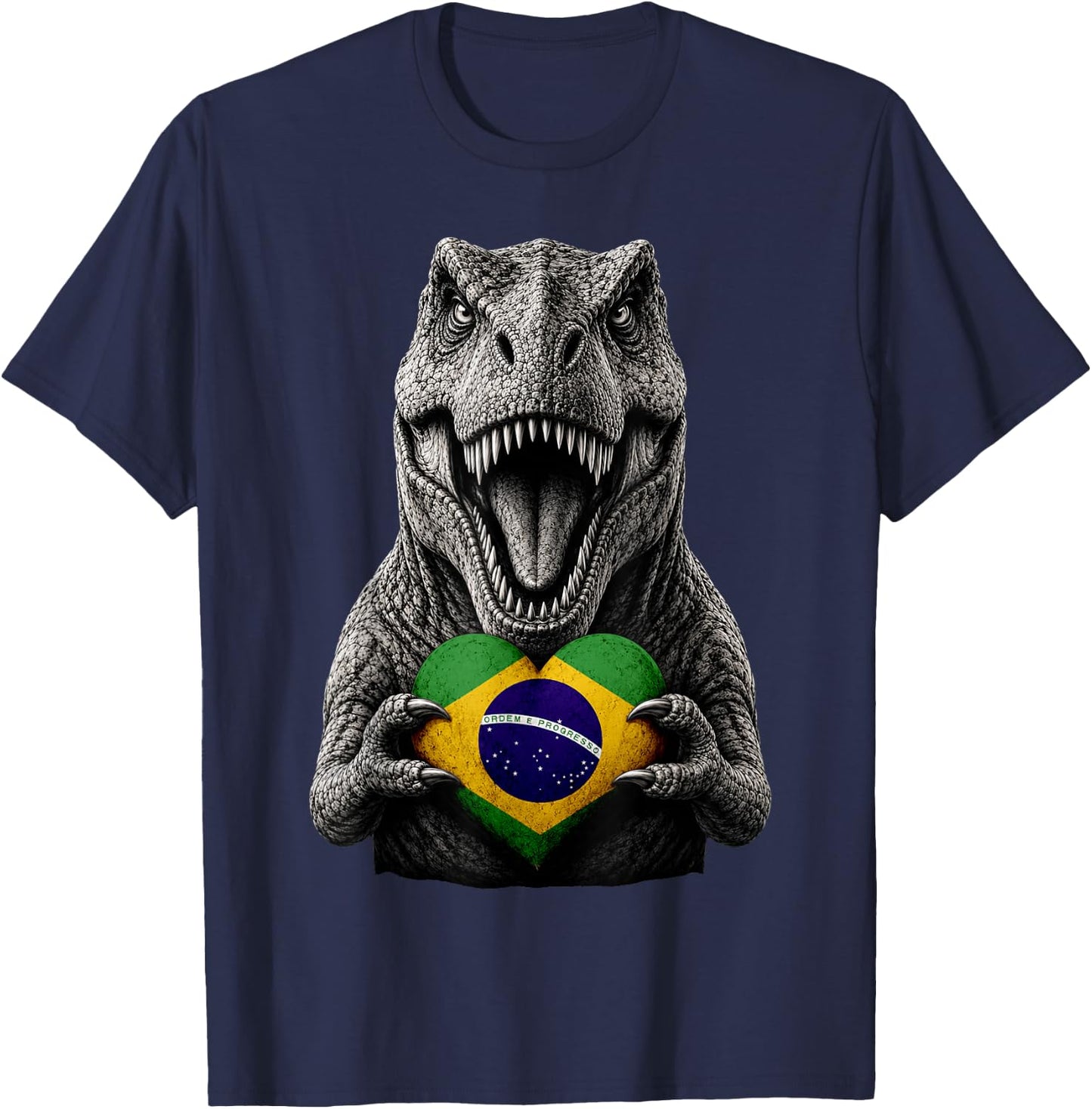 Brazilian Flag Heart Pride Dinosaur Heritage T-Rex Brazil T-Shirt - T-Shirt | Navy