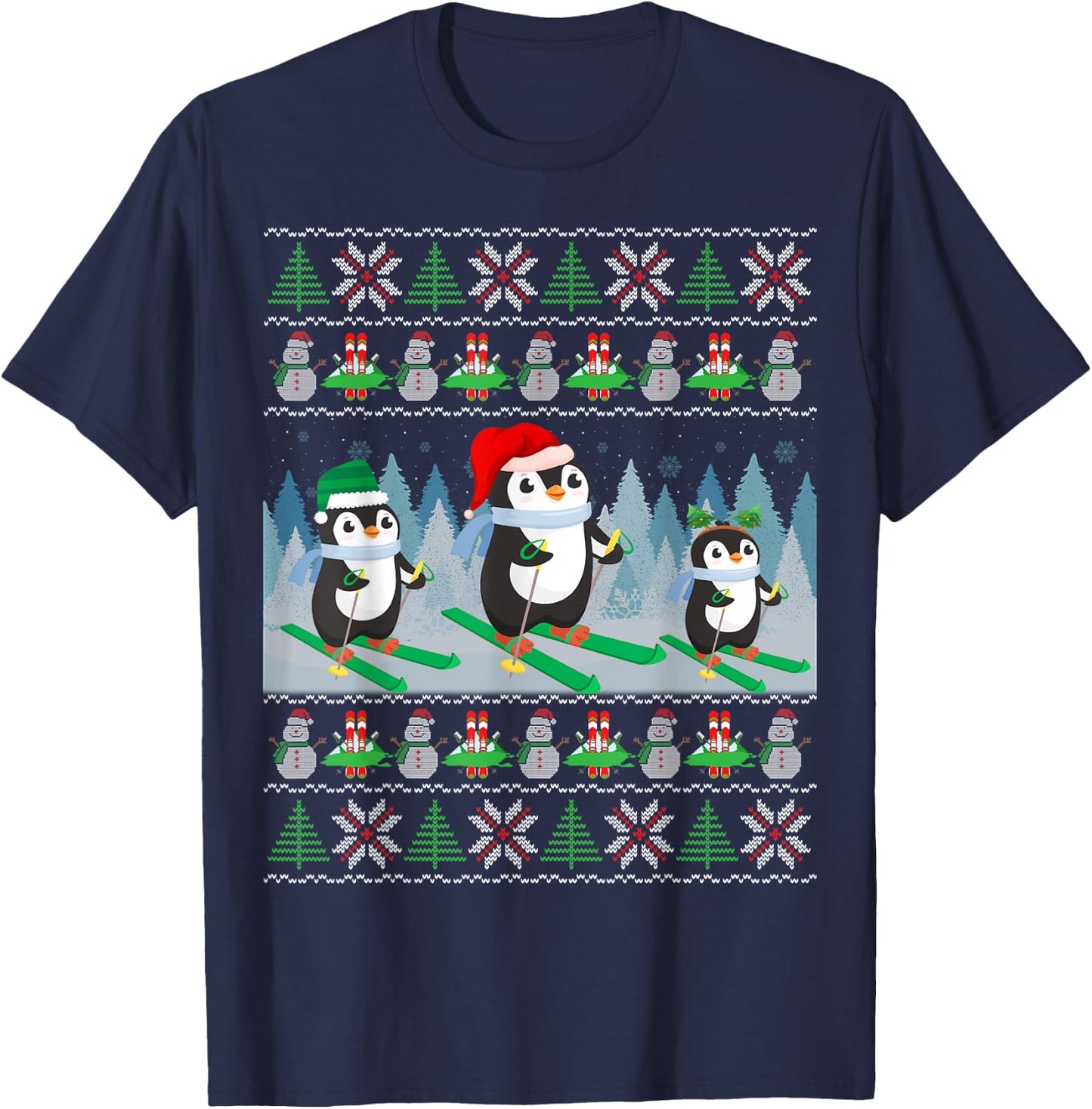 Penguin Skiing Ugly Christmas Sweater Sports Penguin Santa T-Shirt - T-Shirt | Navy