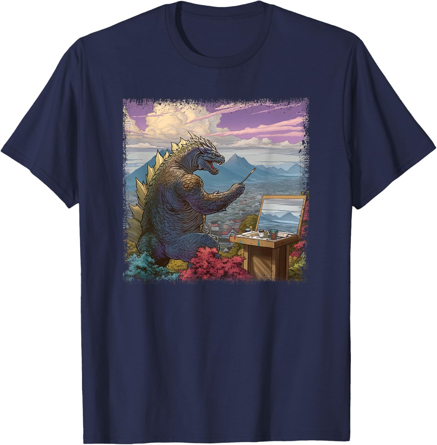 Kaiju Painting a Landscape Funny Monster Artist Art T-Shirt - T-Shirt | Navy