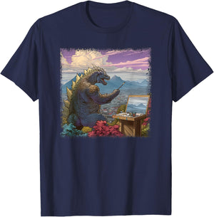 Kaiju Painting a Landscape Funny Monster Artist Art T-Shirt - T-Shirt | Navy