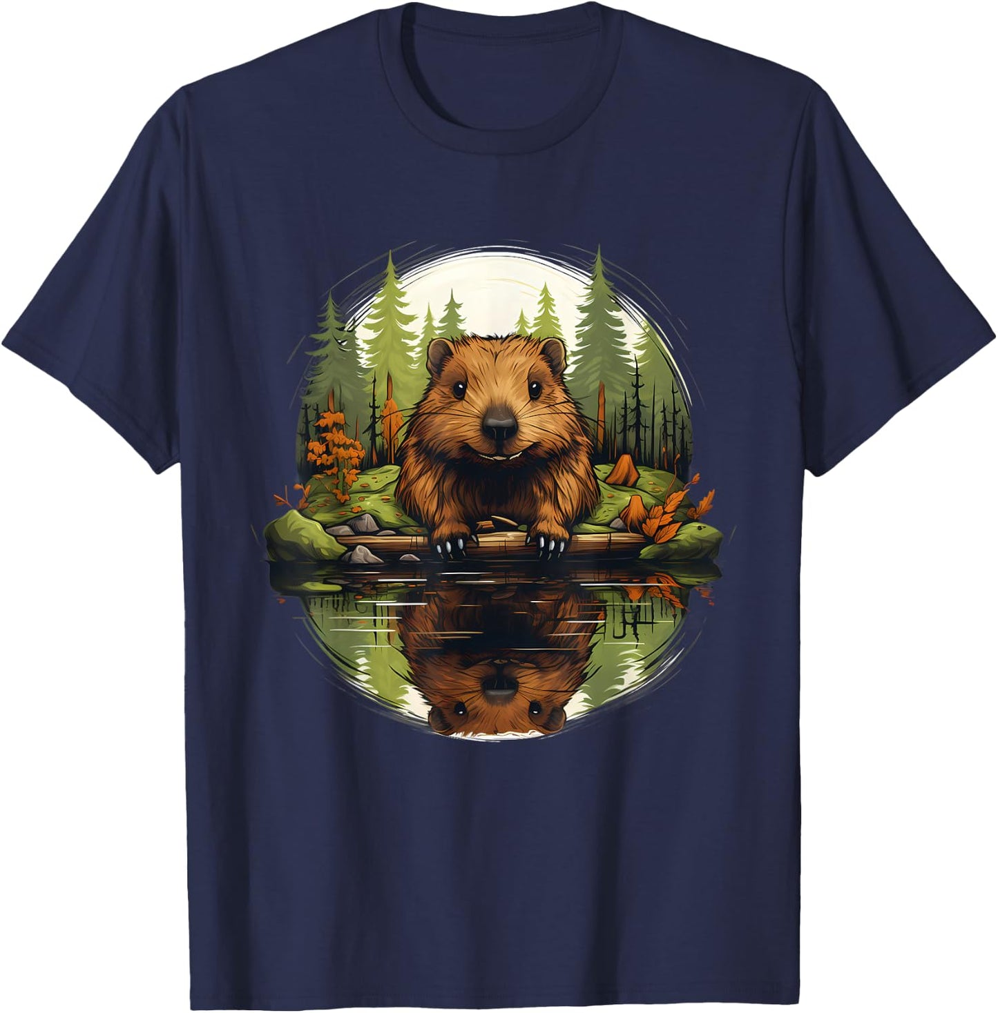 Beaver Nature Animal Lover Artwork Forest Motif Wildlife T-Shirt - T-Shirt | Navy