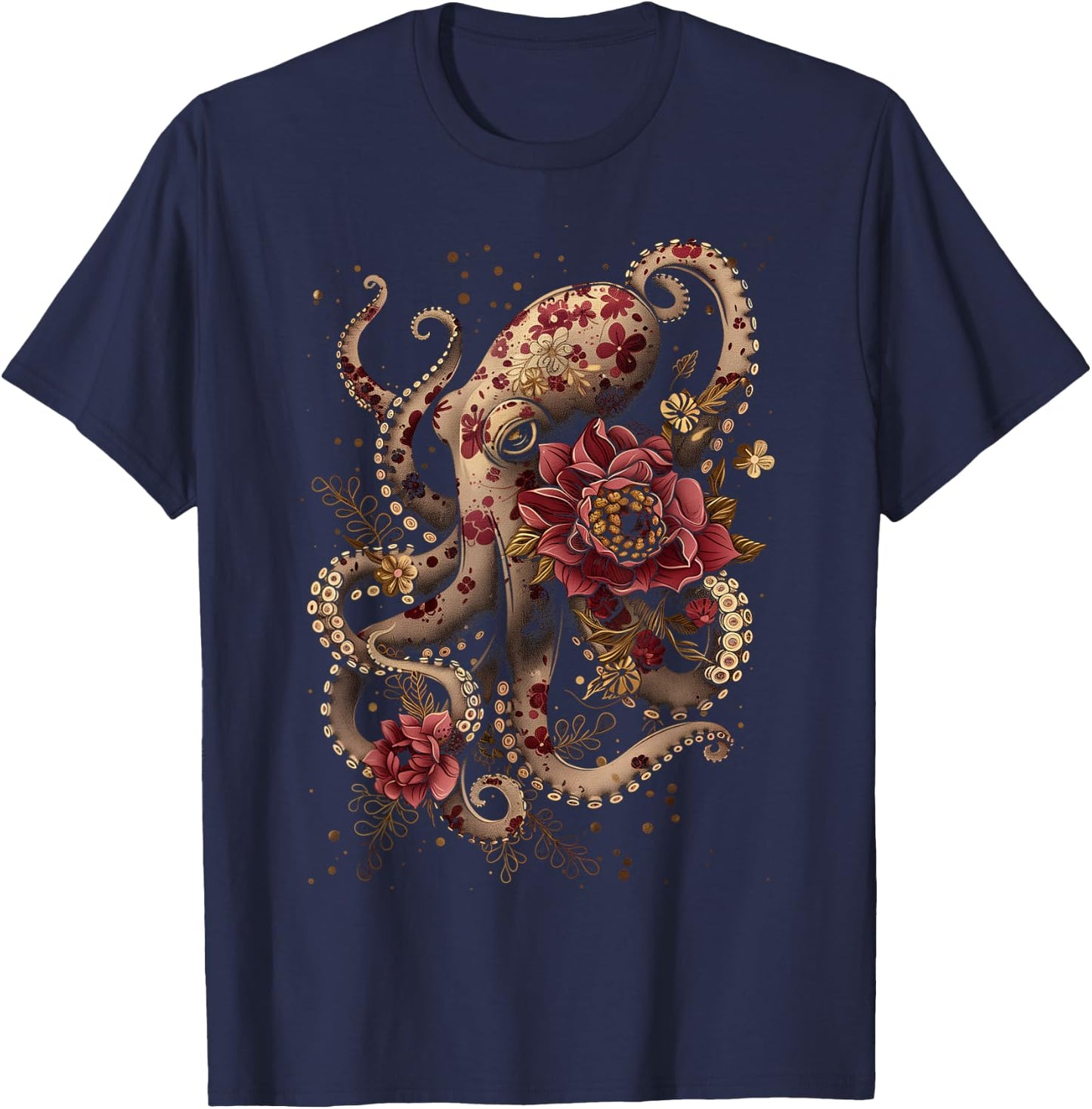 Octopus Floral Vintage Flowers Squid Kraken Scuba Diving T-Shirt - T-Shirt | Navy