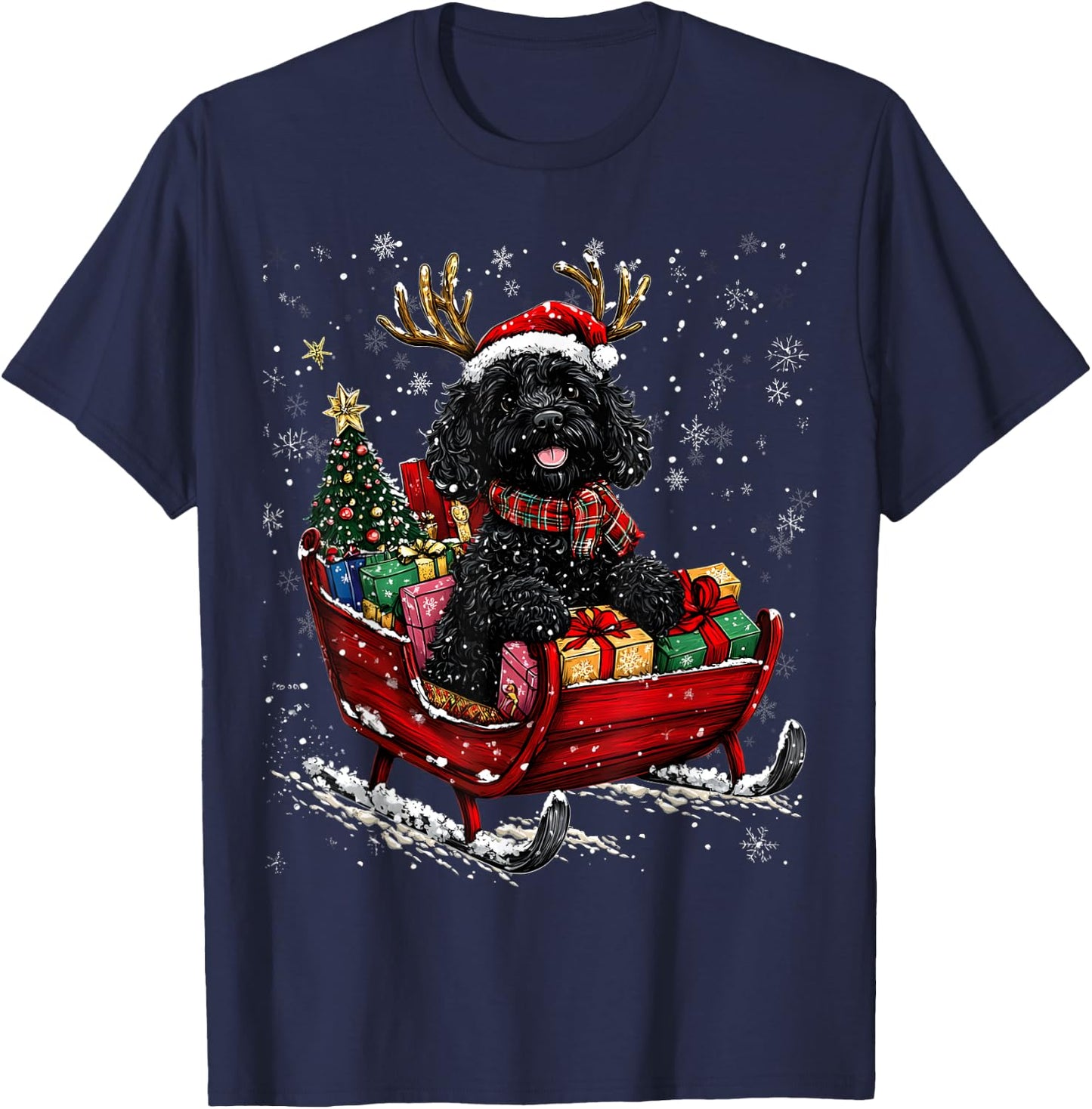 Santa Goldendoodle reindeer Light Christmas T-Shirt - T-Shirt | Navy