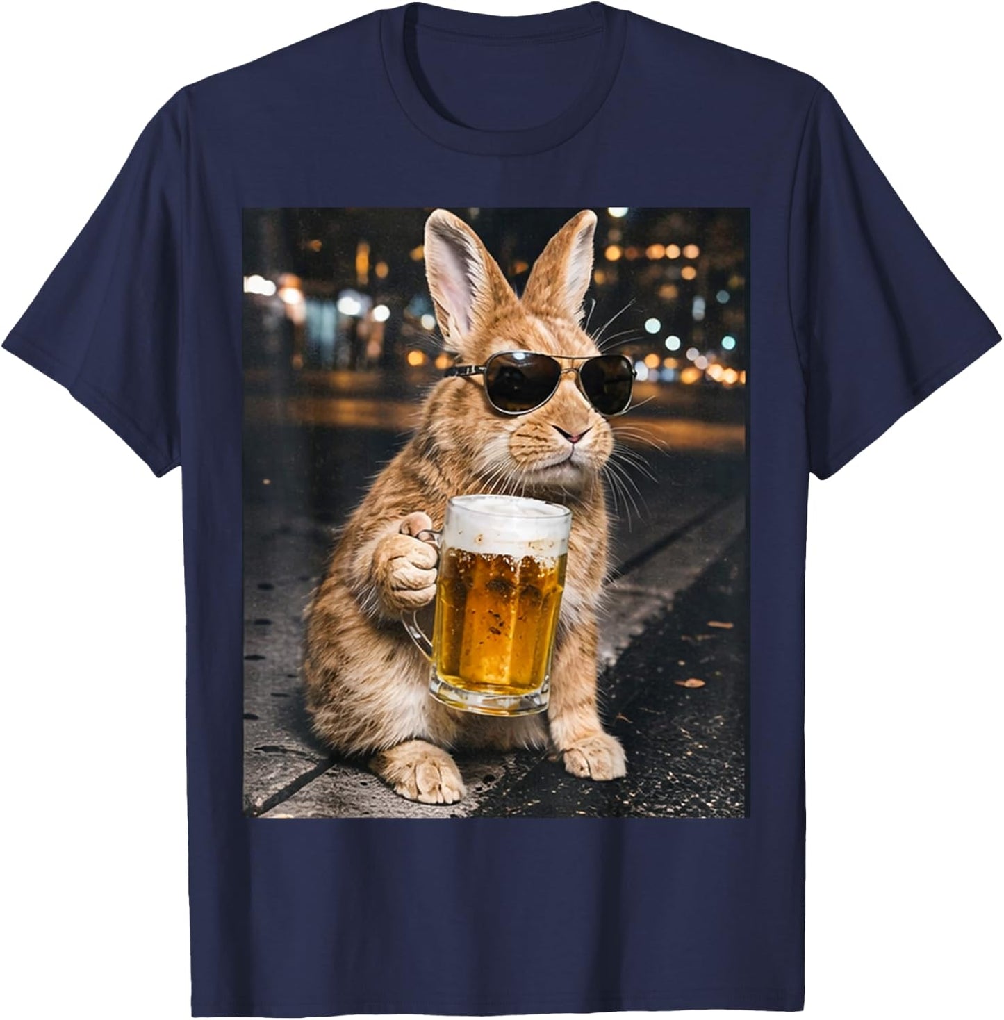 Lustiger Hase trinkt Bier mit Sonnenbrille Frohe Ostern T-Shirt - T-Shirt | Navy