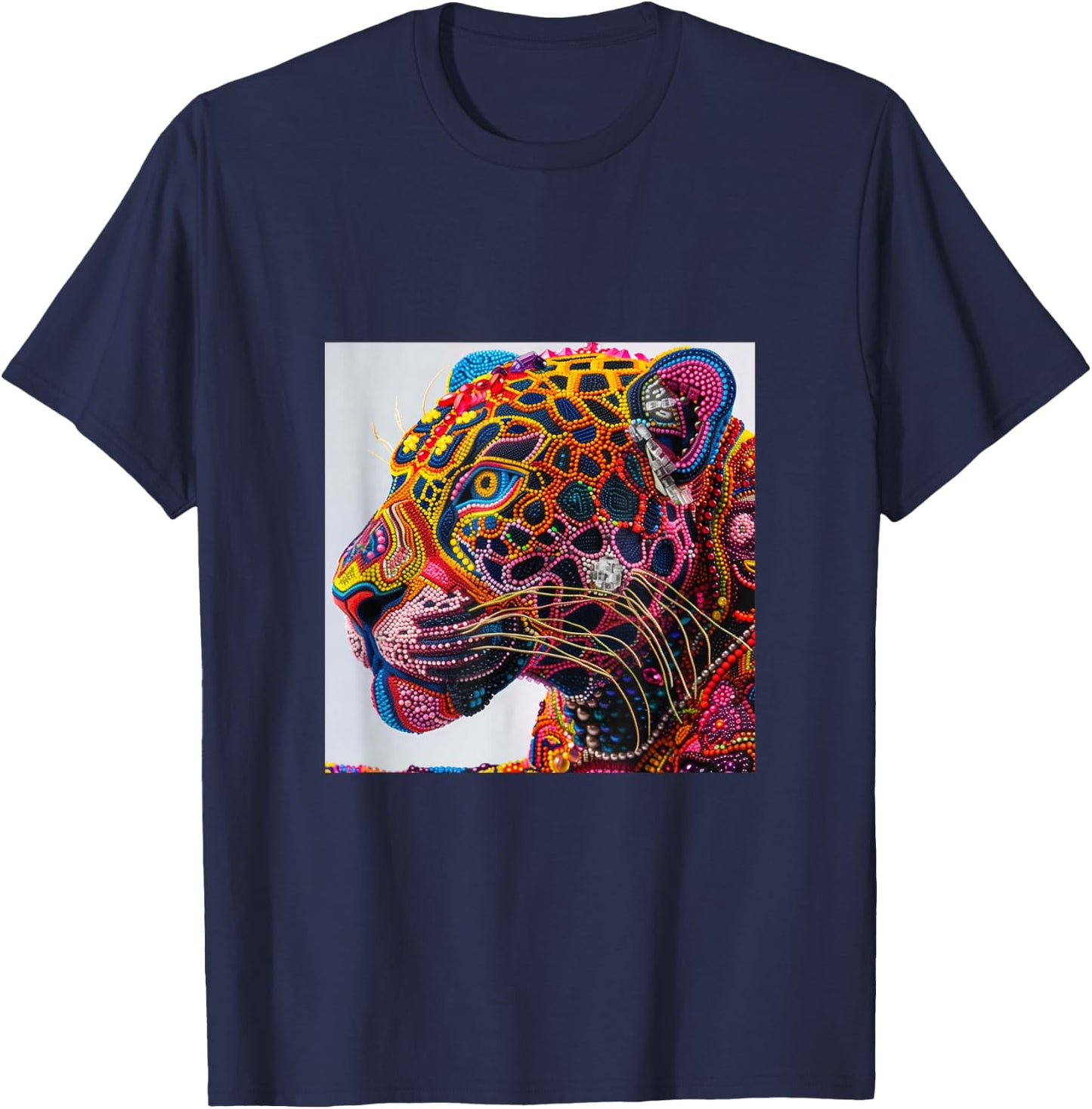 Jaguar Head Huichol Art Mexico Aztec Mayas T-Shirt - T-Shirt | Navy