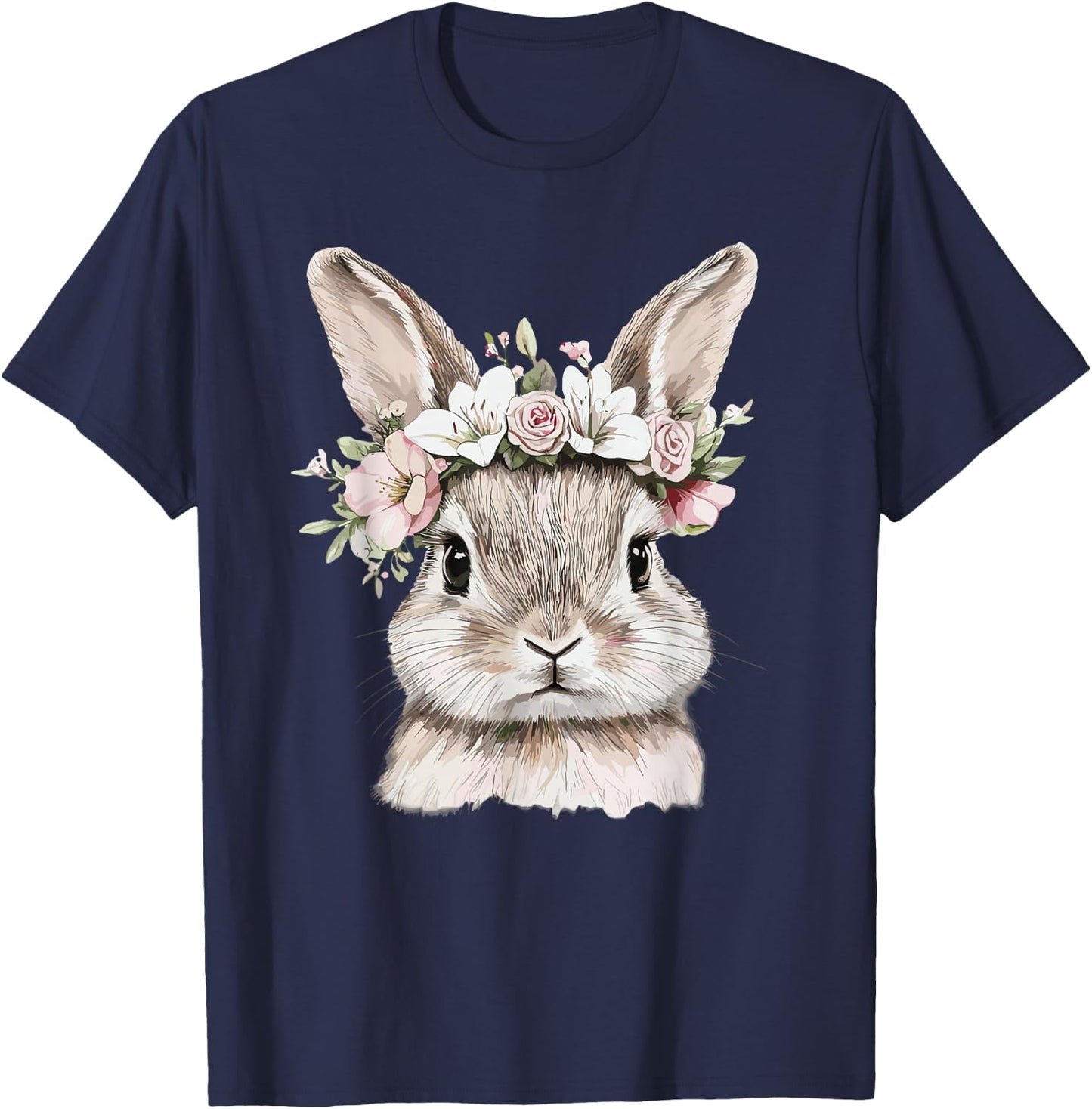 Cute Bunny with Floral Crown Illustration T-Shirt - T-Shirt | Navy