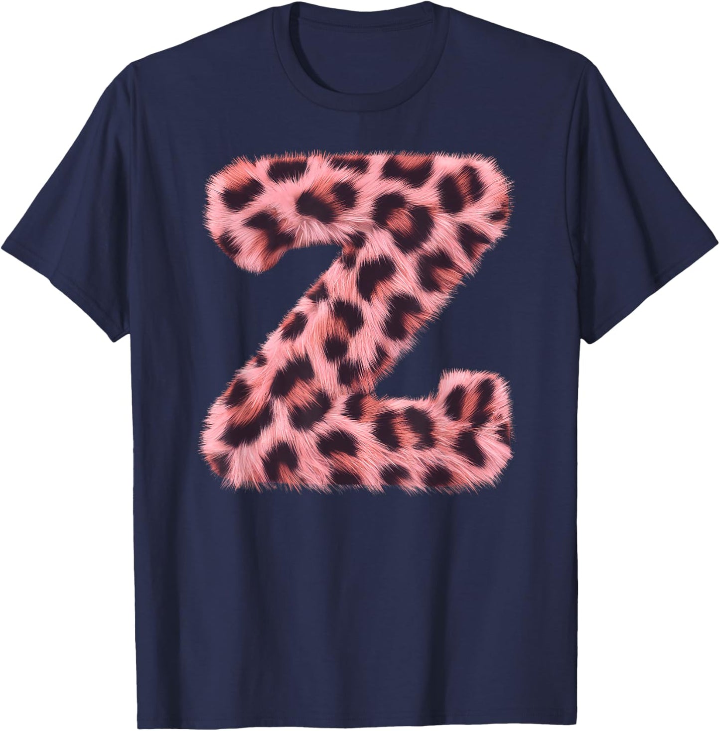 Letter Z Cheetah Leopard Print Pink Initial Zebra Matching T-Shirt - T-Shirt | Navy