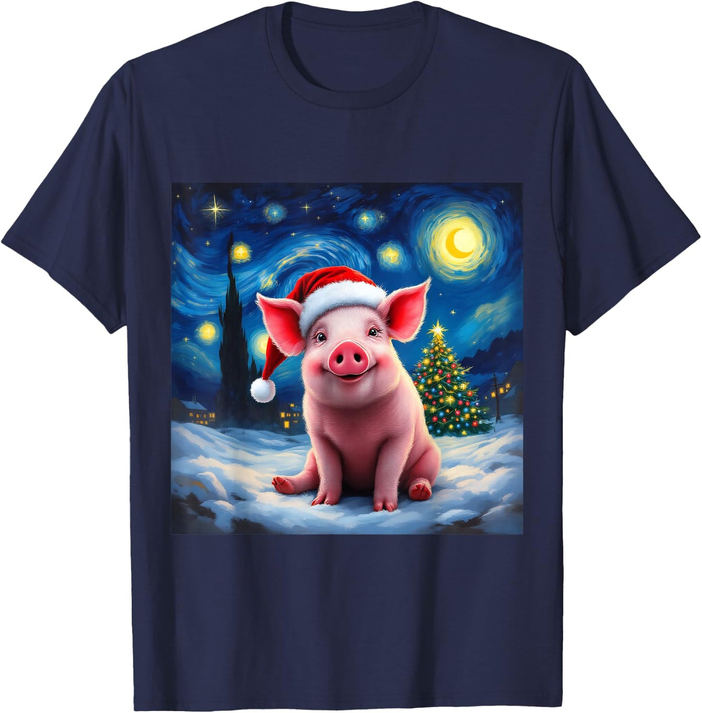 Pig Santa Hat Christmas Van Gogh Starry Night Holiday T-Shirt - T-Shirt | Navy