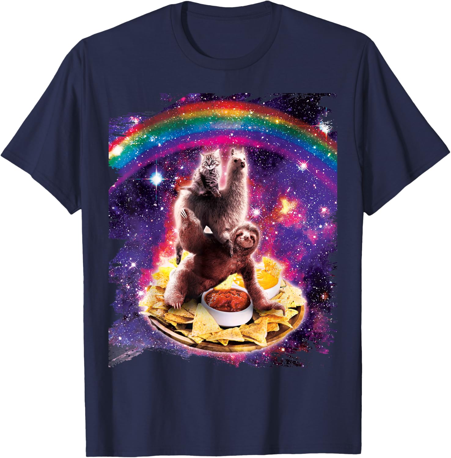 Space Cat Lama Sloth Riding Nachos T-Shirt - T-Shirt | Navy