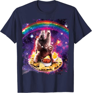 Space Cat Lama Sloth Riding Nachos T-Shirt - T-Shirt | Navy