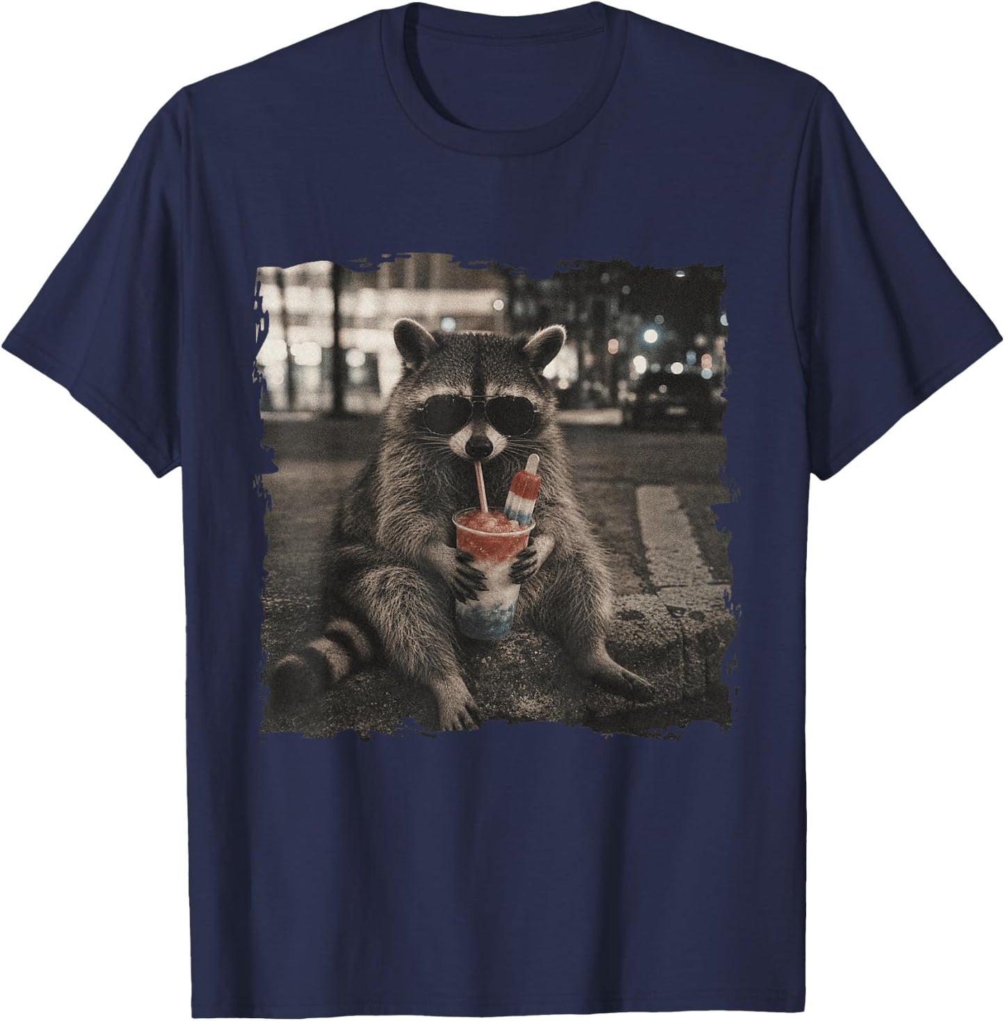 Patriotic Raccoon Drinking Iced Slushie 4th of July America T-Shirt - T-Shirt | Navy
